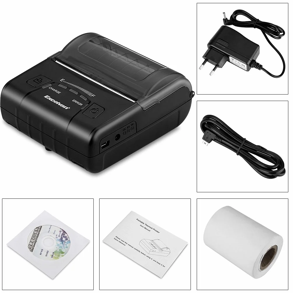 EXCELVAN E300 - Impresora Térmica de Recibos y Billetes (Bluetooth Inalámbrica, Portátil, USB, 90Mm/seg, 80mm, ESC/POS, para Pos Terminal Punto de Venta), Negro