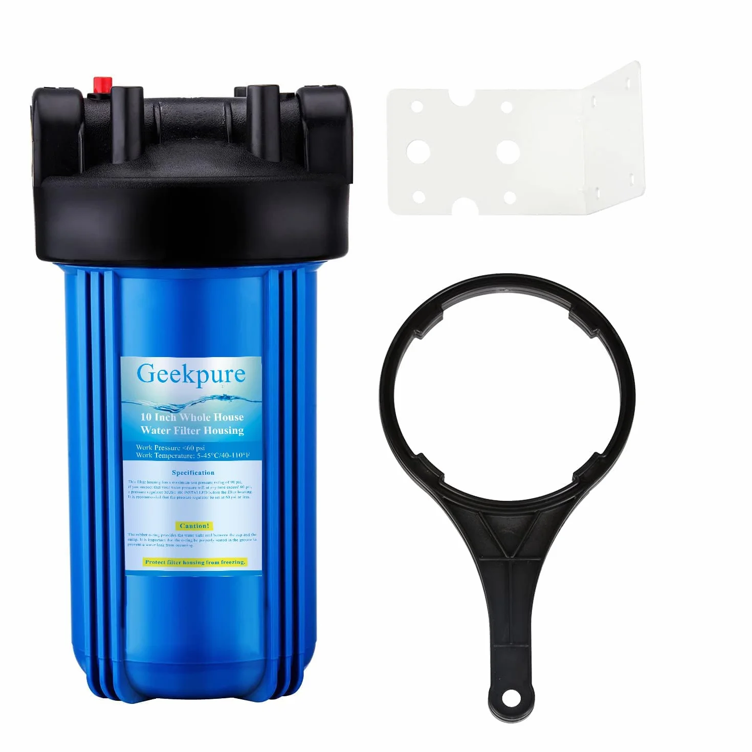 Geekpure Carcasa para filtro de agua 10 x 4,5 pulgadas entrada y salida 1 pulgada con llave y soporte azul