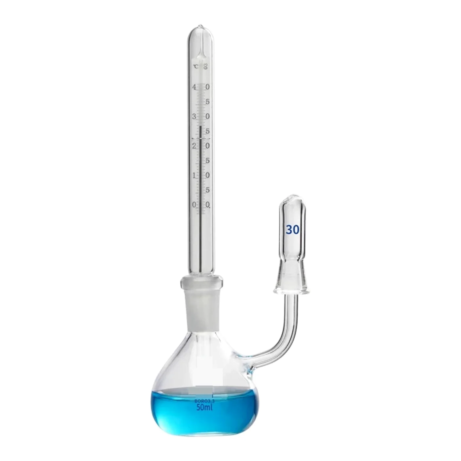Picnómetro de vidrio de laboratorio con termómetro y botella de gravedad específica(50ml)