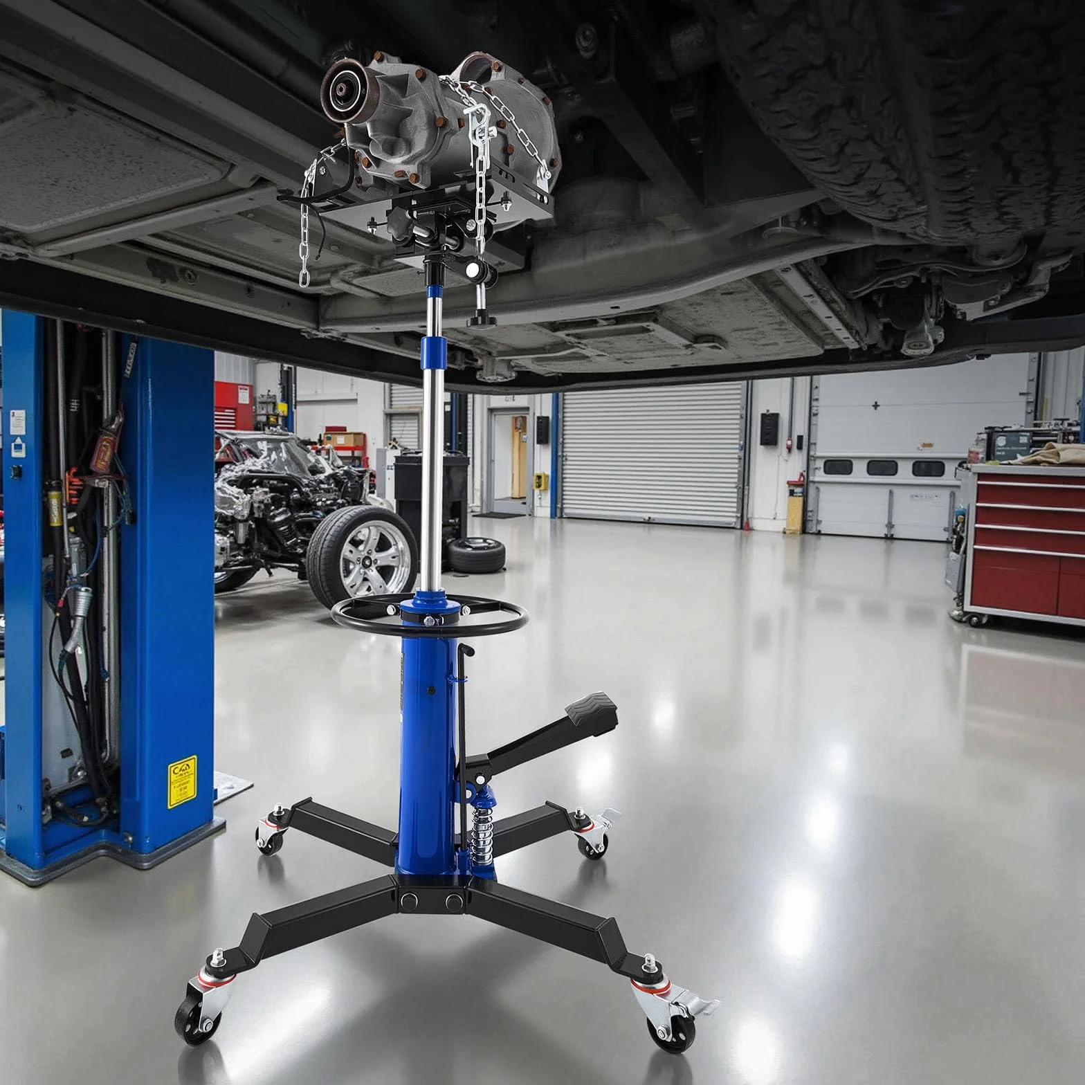 VEVOR Gato Hidráulico de Transmisión, Capacidad de Elevación 600 kg, con Pedal y Caja de Cambios Telescópica Doble, Altura de Elevación 88-176 cm, a Garaje/Taller, Azul, 735 x 625 x 970–1855 mm