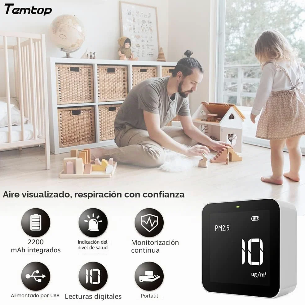 Temtop M10 Monitor Detector de Calidad del Aire para PM2.5/HCHO/TVOC/AQI, Monitor Portátil Inteligente, Batería Recargable