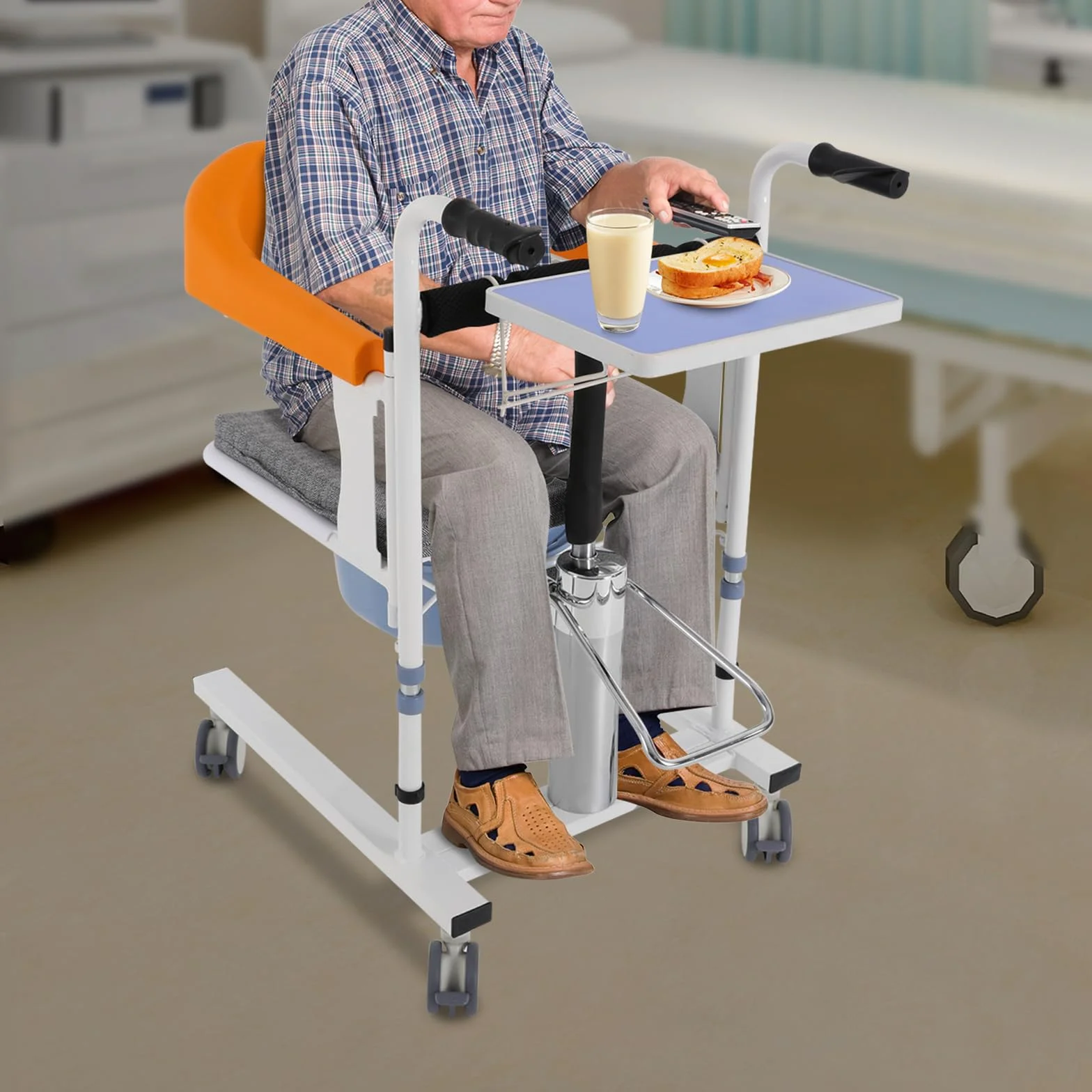 Silla de transferencia hidráulica para pacientes con ruedas, silla de transporte de altura ajustable con función de inodoro y mesa para ancianos y embarazadas, color naranja