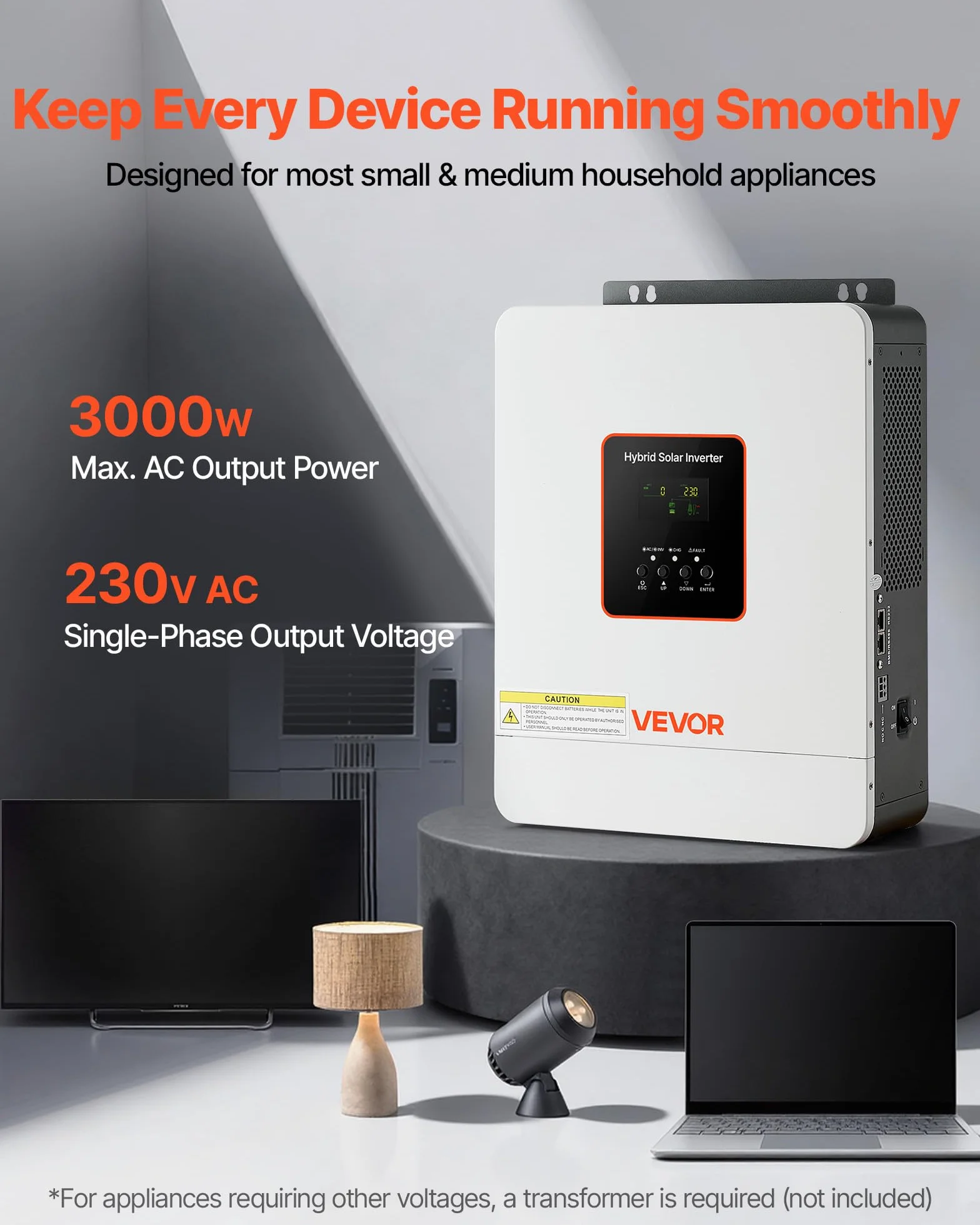 VEVOR Inversor Solar Híbrido de 3000 W, Onda Sinusoidal Pura, Controlador de Carga Solar MPPT Integrado de 80 A, Compatible con Baterías de Plomo-Ácido de Litio, Nivel de Ruido < 50 dB, Blanco