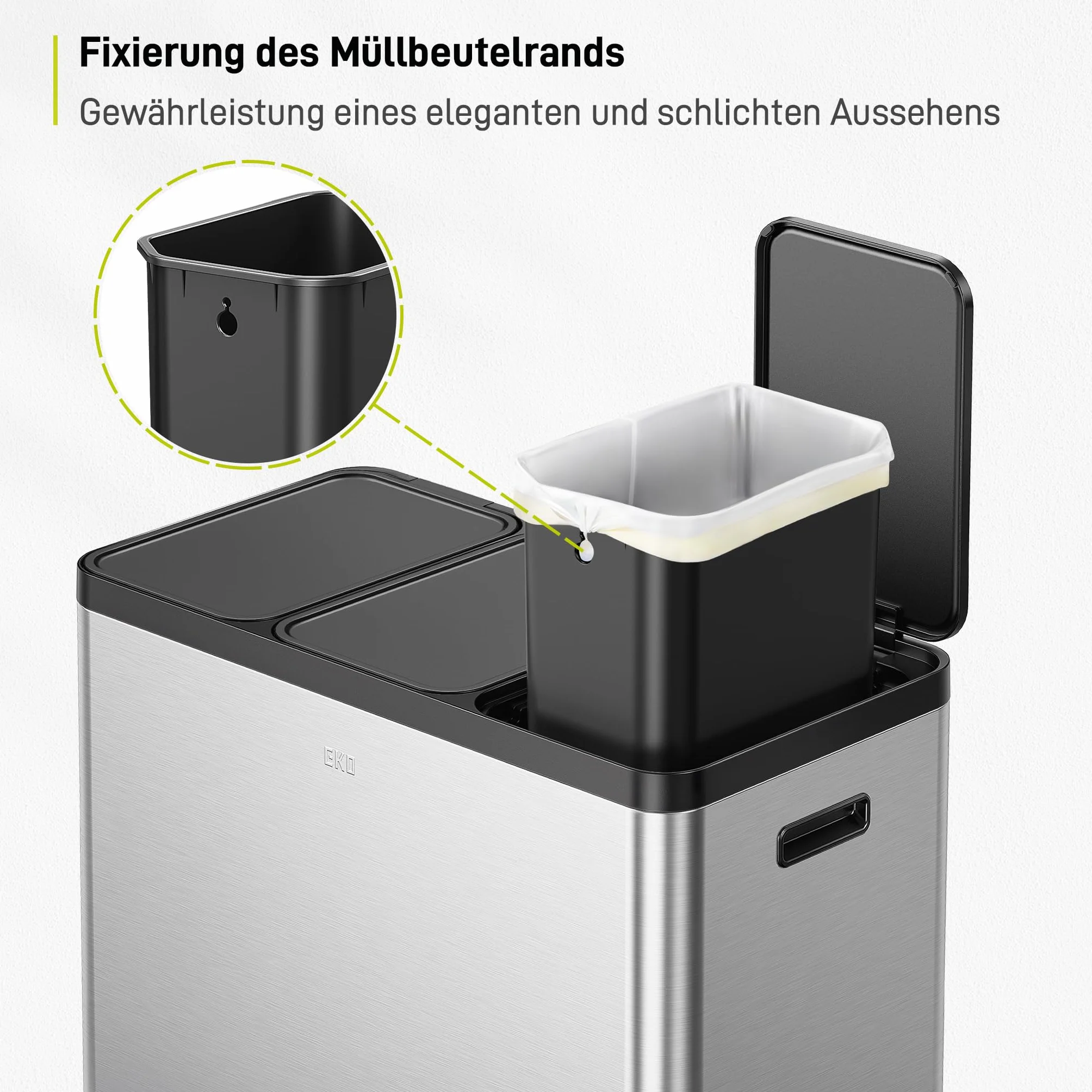 EKO Cubo de basura Essential con 3 compartimentos, 3 x 20 litros, sistema de separación de basura, incluye 20 bolsas de basura, cubo de basura grande con tapa, cierre suave y hermético, acero