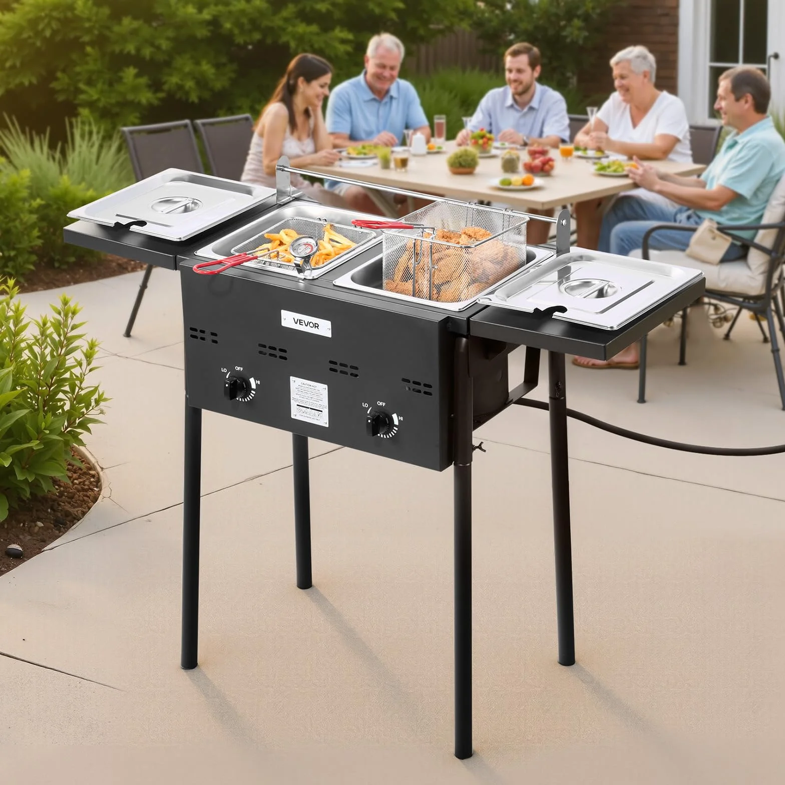 VEVOR Freidora de gas propano de doble depósito 9Lx2, aparato de cocción de propano de acero inoxidable, independiente con plataforma plegable y ajuste del calor, para exterior y restaurante Snack-bar