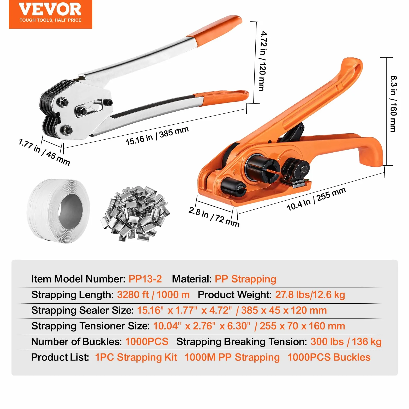 VEVOR Kit de flejado con herramienta tensora y selladora, banda PP 3280 pies, 1000 sellos metal, embalaje paletas
