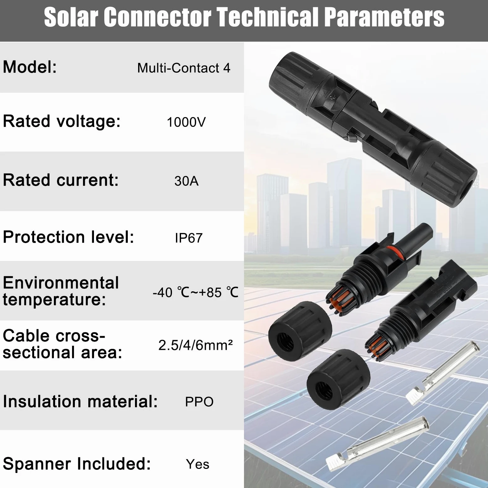 100 conectores MC4 Soar Conectores de cable de panel solar, 1000 V, 30 A, IP67, impermeable, enchufe macho/hembra con llaves, adecuado para cables solares de 14 AWG-10 AWG (50 pares)