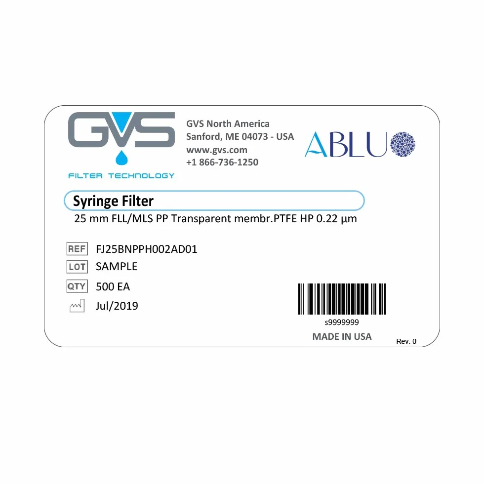 GVS Filter Technology, Filtro de jeringa, ABLUO, 25mm, Membrana PTFE HP, 0.22µm, alojamiento PP, 100/pc