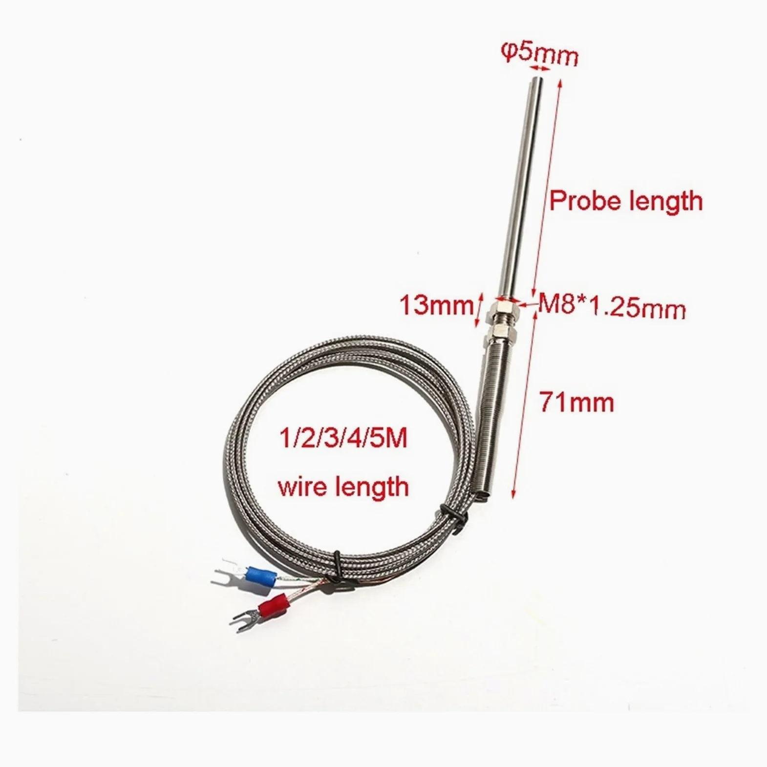 Sensor termopar PT100 M8x1.25 termostato de temperatura sonda de acero inoxidable 5x30/50/100/150/200mm(Probe 5x200mm,5M Cable length)