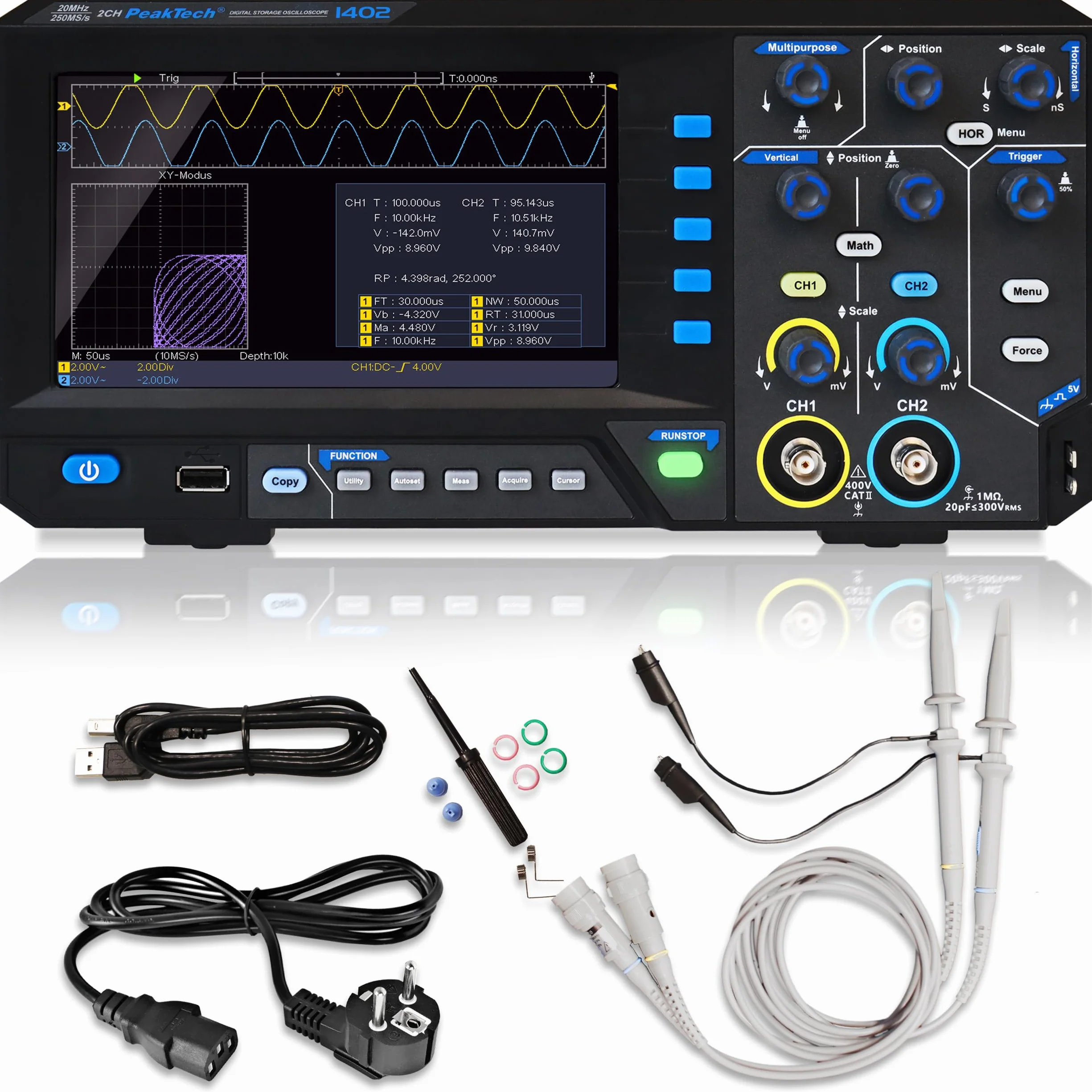 PeakTech, 1402, Osciloscopio digital de 2 canales [3 años de garantía] 20 MHz, 250MS/s, Interfaz USB, Software para PC, Osciloscopio P 1402, Negro, Osciloscopio USB, Multímetro osciloscopio