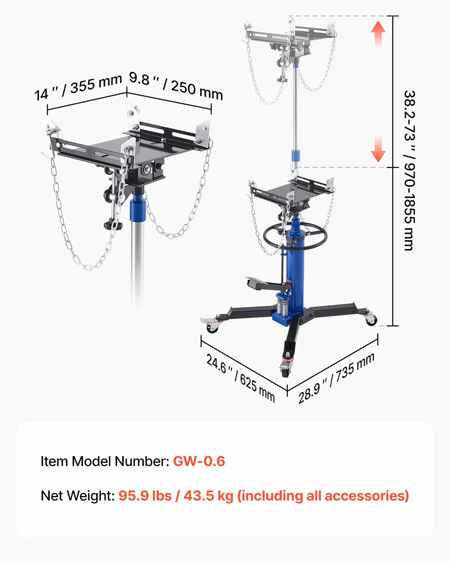 VEVOR Gato Hidráulico de Transmisión, Capacidad de Elevación 600 kg, con Pedal y Caja de Cambios Telescópica Doble, Altura de Elevación 88-176 cm, a Garaje/Taller, Azul, 735 x 625 x 970–1855 mm
