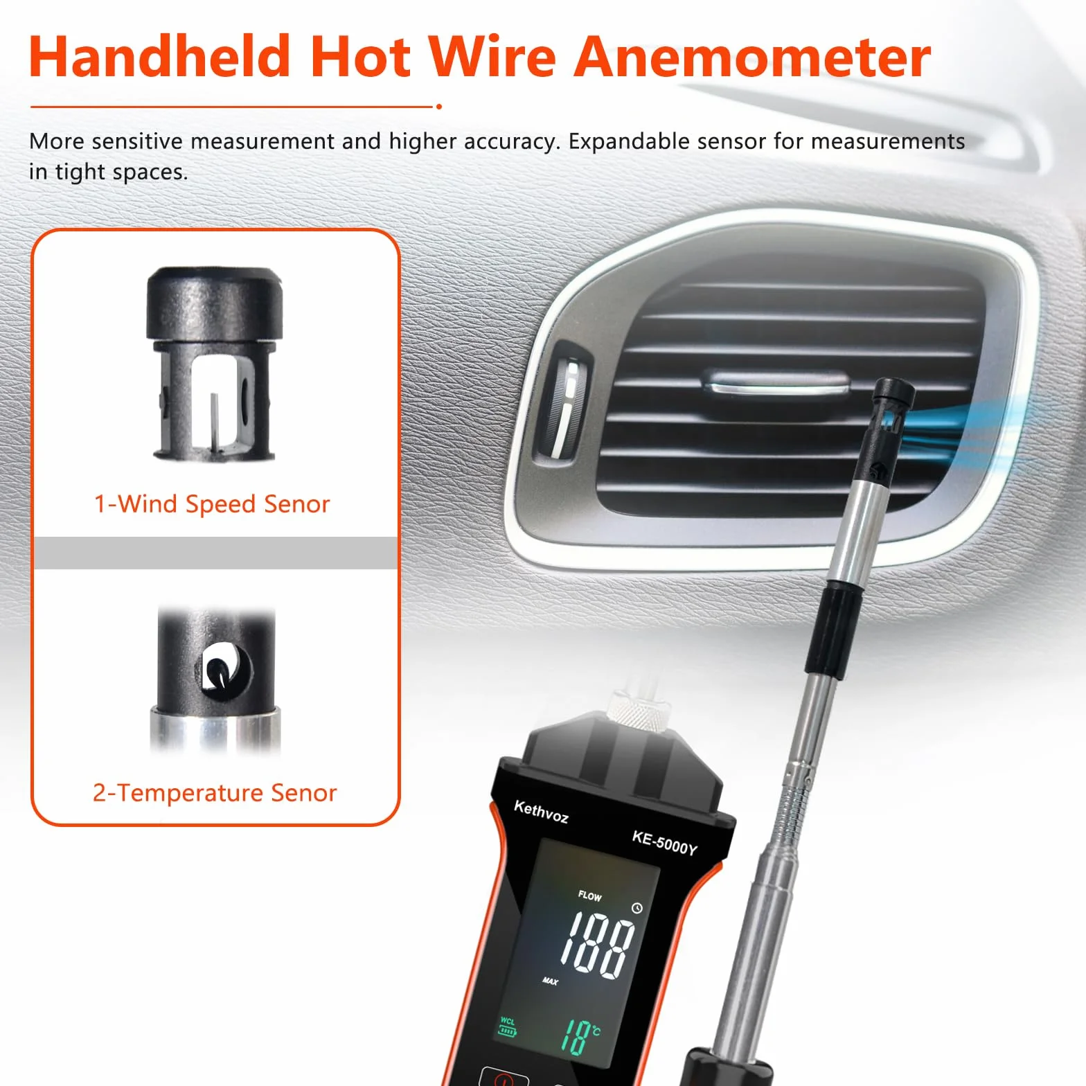 Anemómetro digital Kethvoz KE-5000Y HVAC medidor velocidad del viento CFM CMM 0-999900 ft3/min Temperatura Humedad