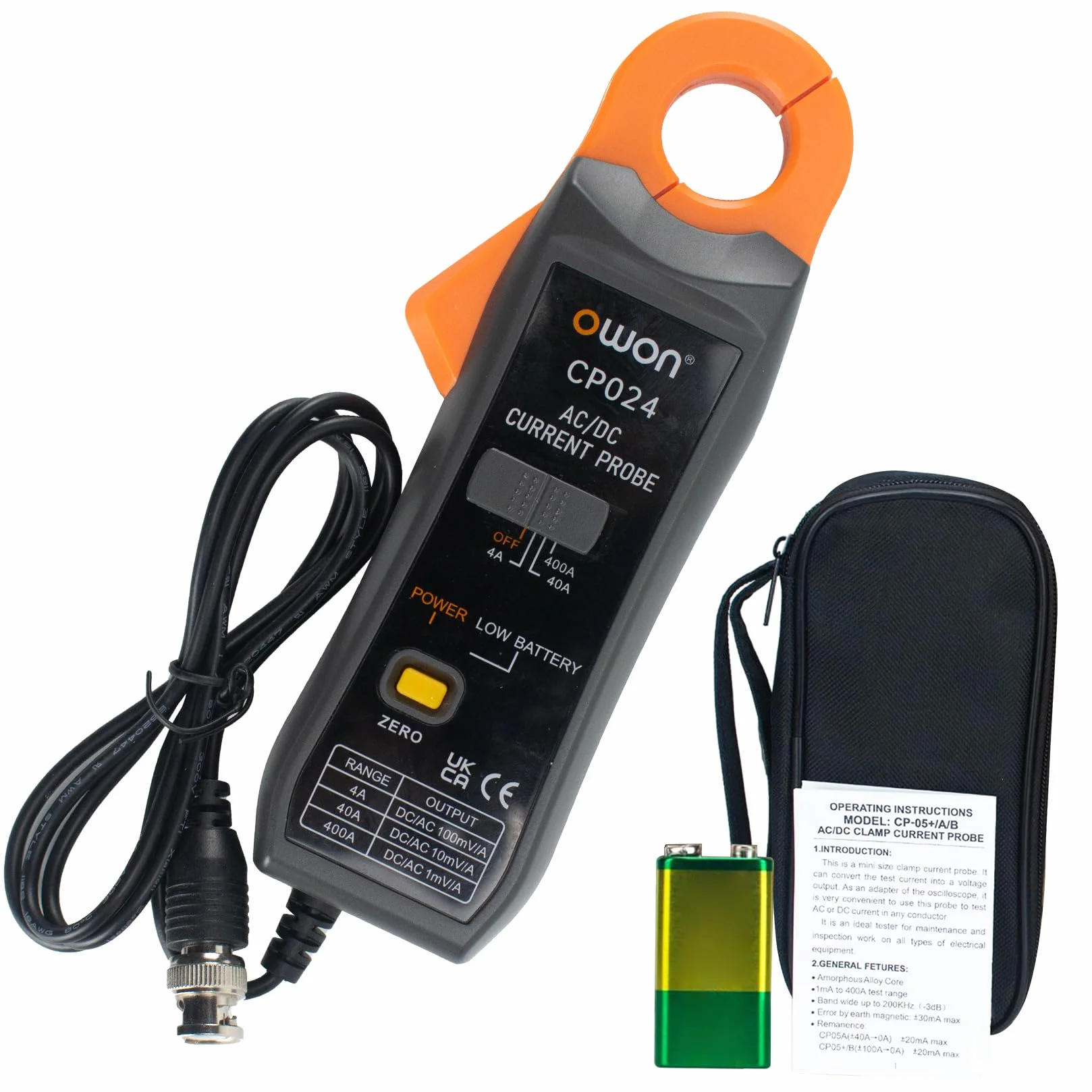 OWON CP024 DC AC Sonda de Corriente para Osciloscopio, Sonda de Abrazadera de Corriente 200 KHz Ancho de Banda 4-400A Rango de Prueba, Probador de Corriente Medidor de Abrazadera con Conector BNC