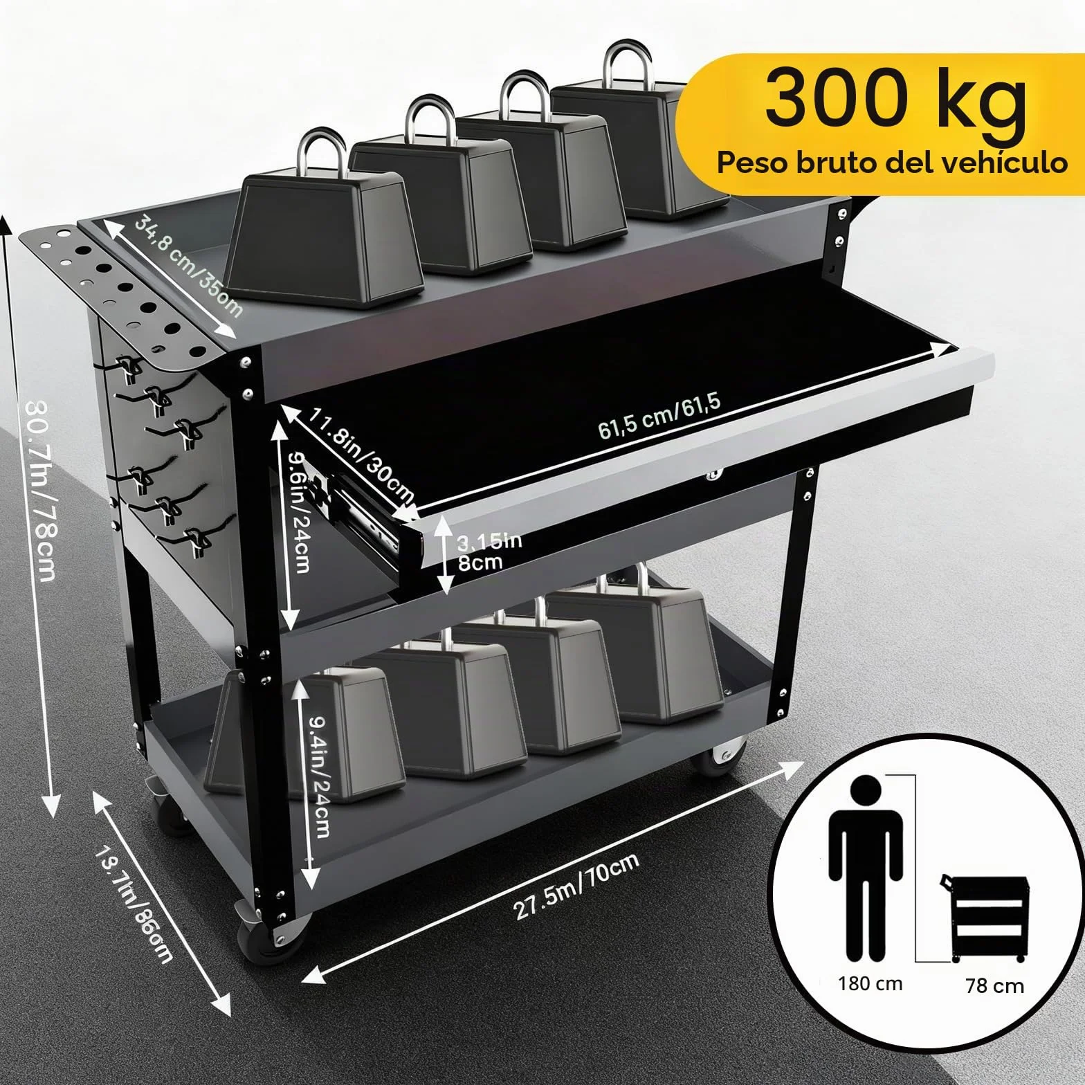 AIRAJ Carro de Taller con 3 Niveles, Carro de Taller con cajones bloqueables y Ruedas de Bloqueo, soporta hasta 300 kg, para Garaje, almacén y Taller.