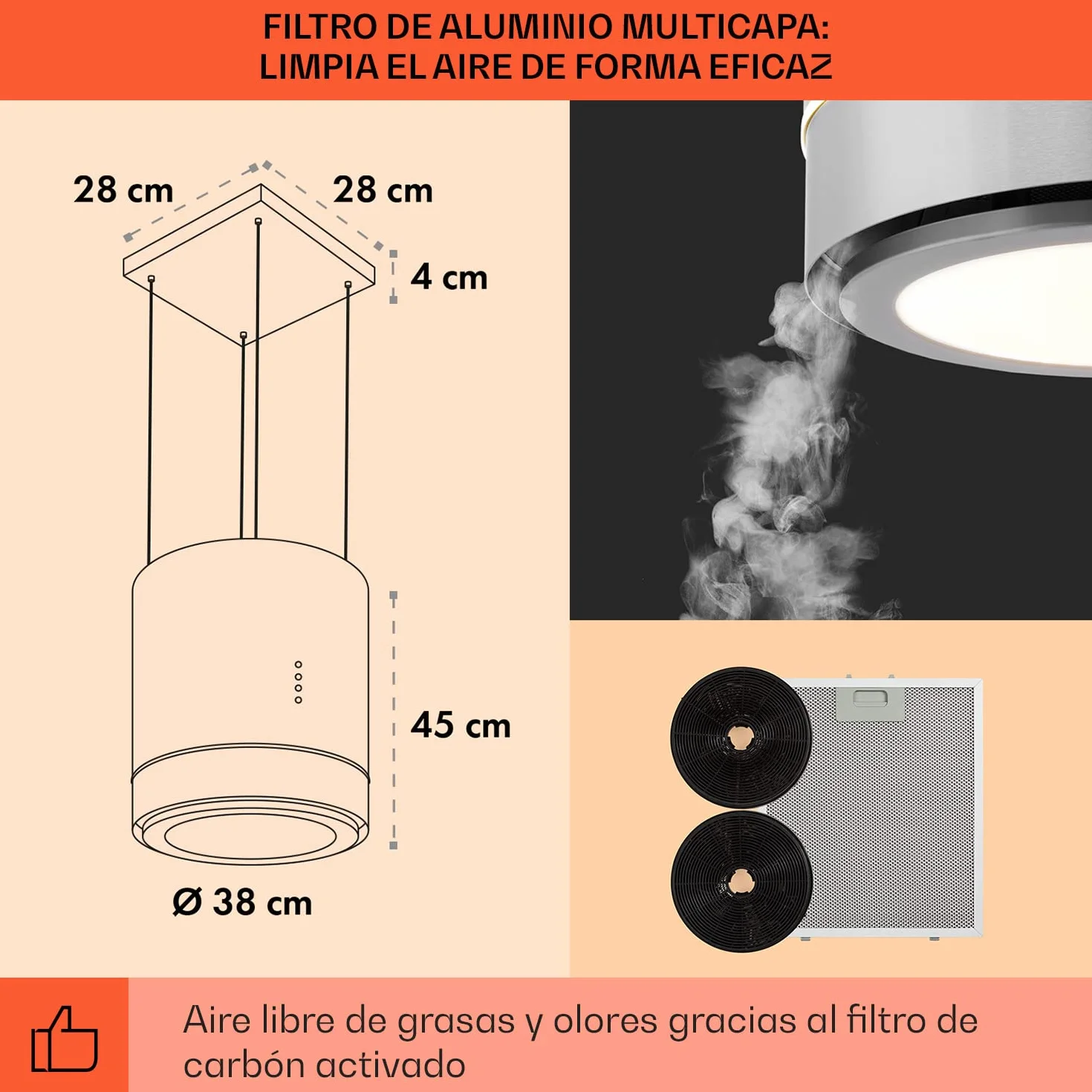 Klarstein Campana Isla Extractor Cocina 540m³/h Temporizador 3 Modos Filtros Carbón Activo