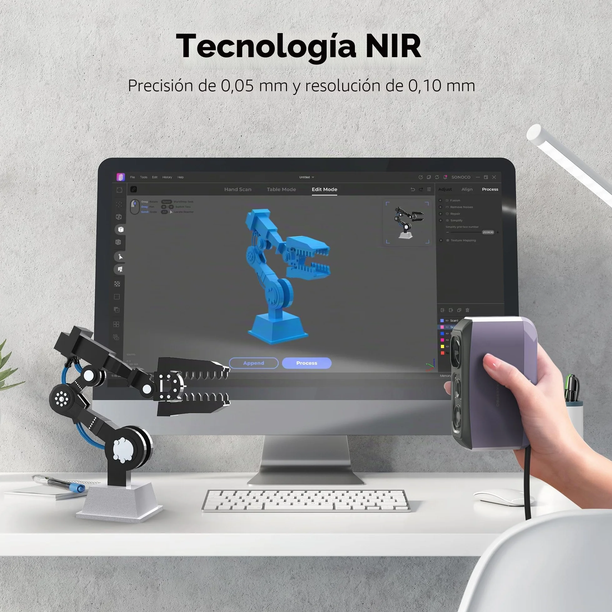 Escáner 3D para impresión 3D, escáner de modelos 3D portátil con precisión de alto detalle de 0,05 mm, velocidad de escaneo de 10 FPS, lentes antivibración, paquete estándar Moose Lite