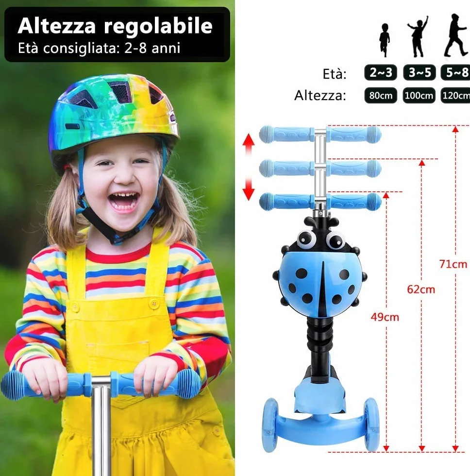 YOLEO Patinete para Niños 5-en-1, 3 Ruedas LED, Manillar Ajustable, Asiento Extraíble, 50 kg, Azul