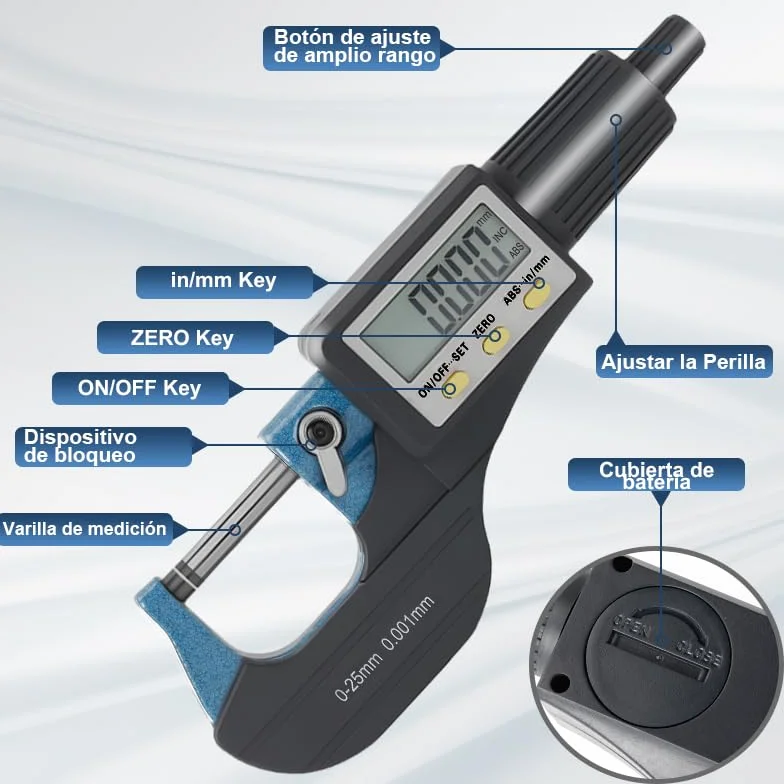 Beslands Digital Micrómetro 0-25mm Precisión 0.001mm Calibre Electrónico Herramientas de Medición