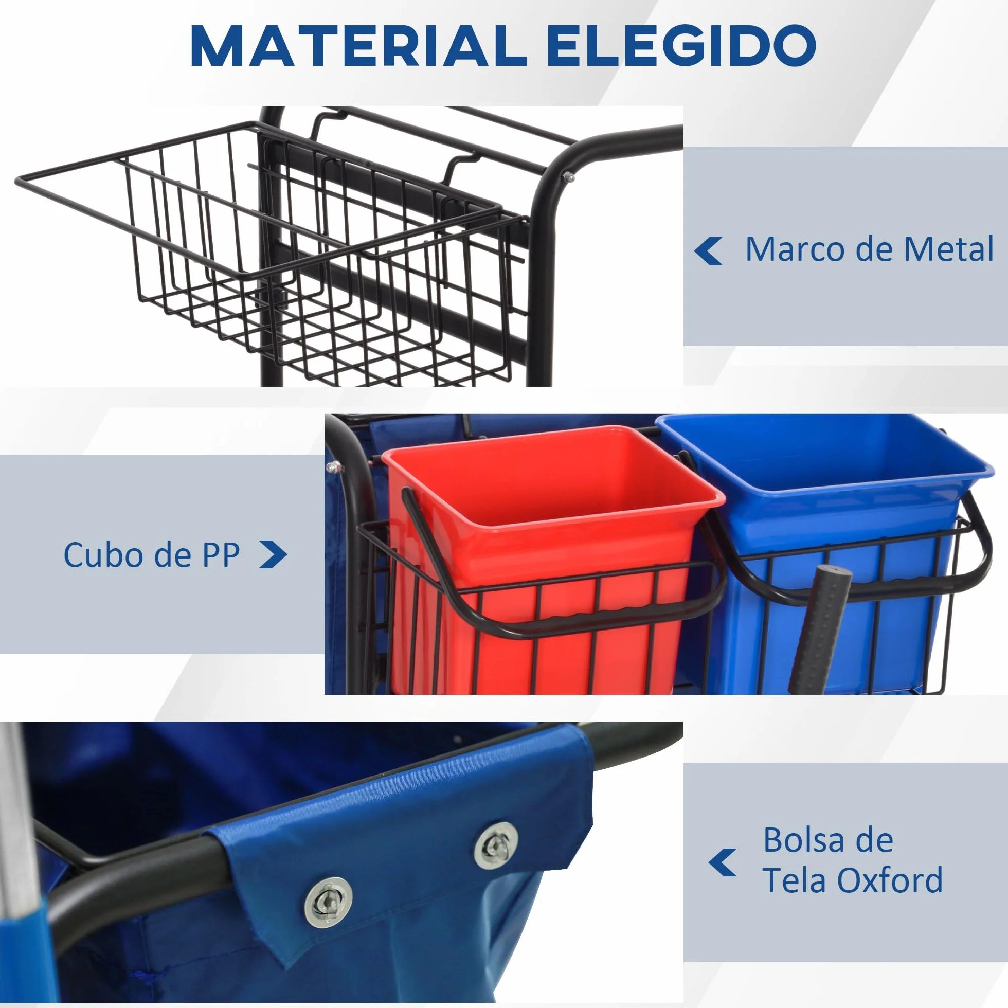 HOMCOM Carro de Limpieza con Bolsa de Basura Carro de Servicio con Doble Cubo de 18 litros Escurridor de Prensa 2 Cubetas Auxiliares 93x80x97 cm Rojo y Azul