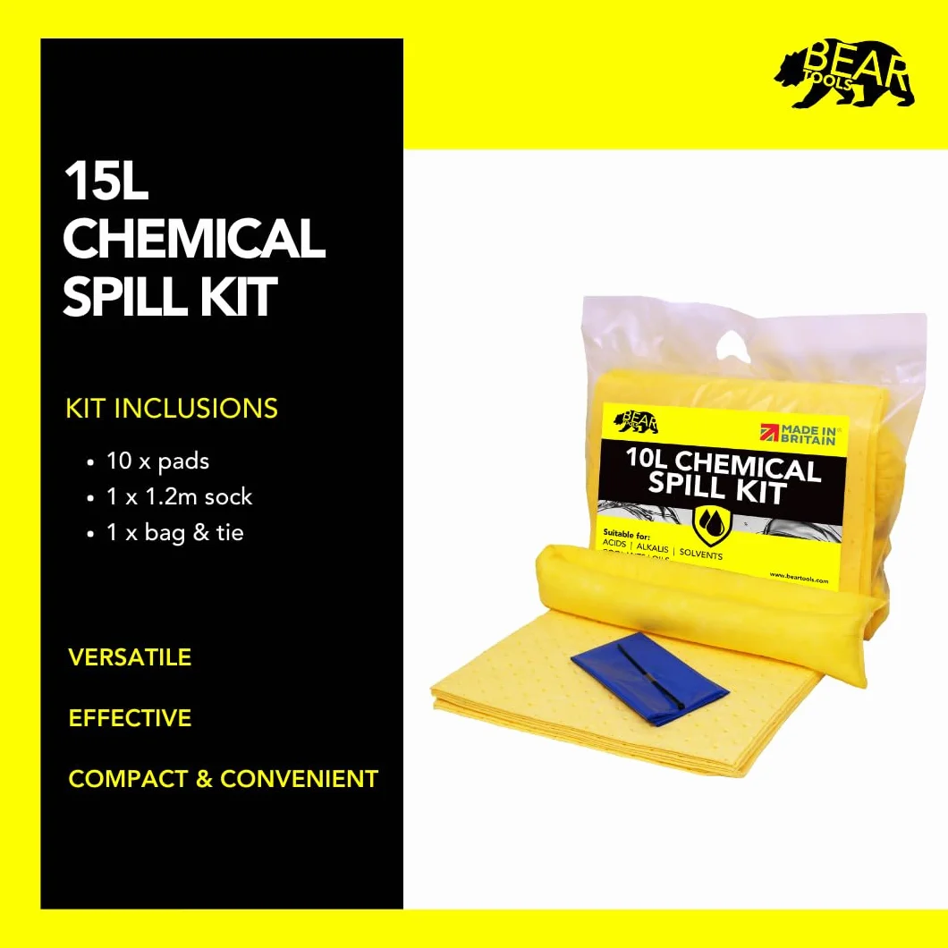 Kit de derrames de 15 litros (15 L) uso amarillo en derrames que involucran productos químicos ácidos agresivos álcalis exterior/uso interior