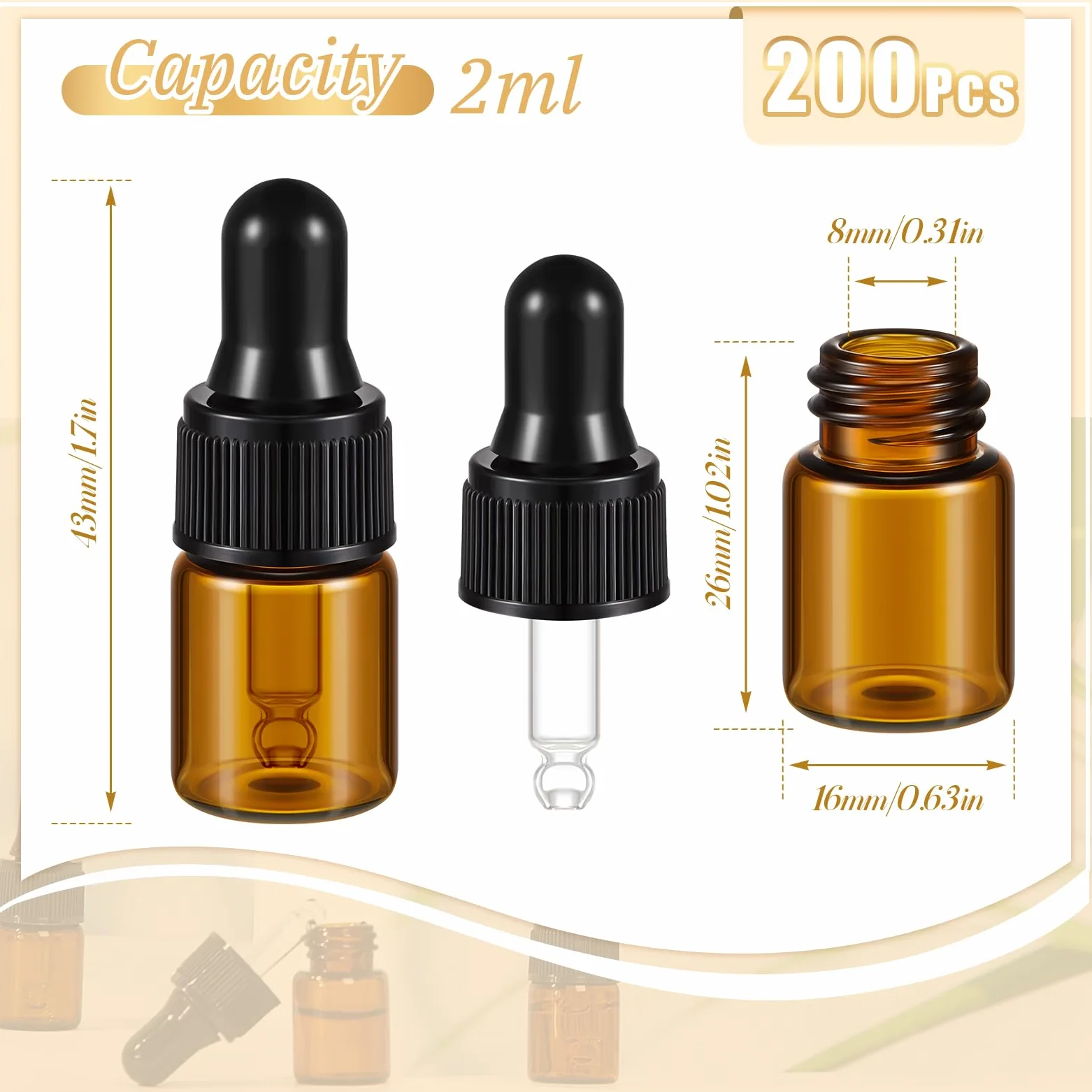 Didaey 200 mini botellas cuentagotas de vidrio, mini botellas cuentagotas, botellas de muestra, viales pequeños de muestra con tapa para viajes, aceites esenciales, perfume de muestra líquida