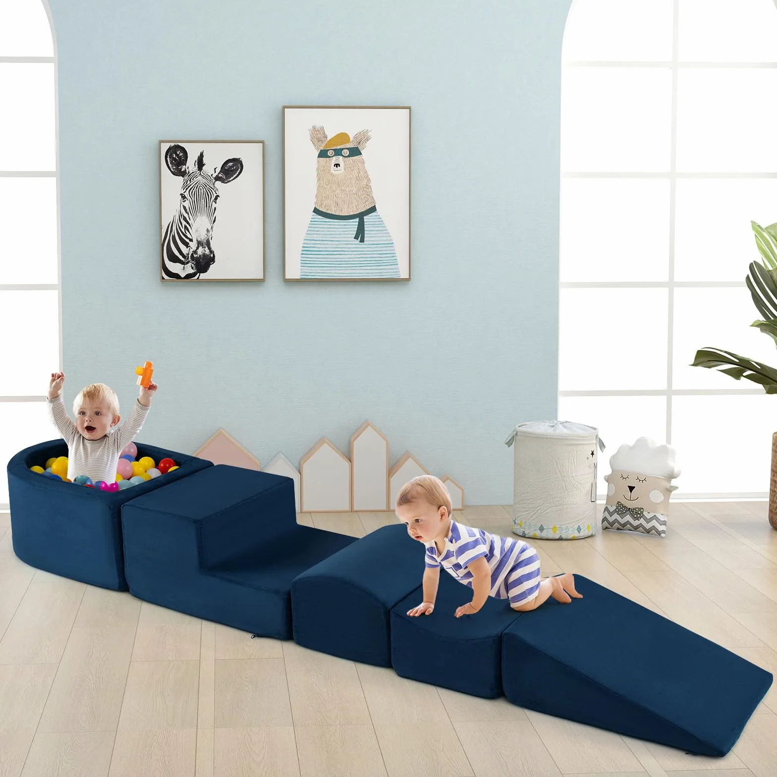 COSTWAY Juego de Escalada y Rampa 5 Piezas, Bloque de Escalada con Piscina de Pelota Infantil, Funda Lavable