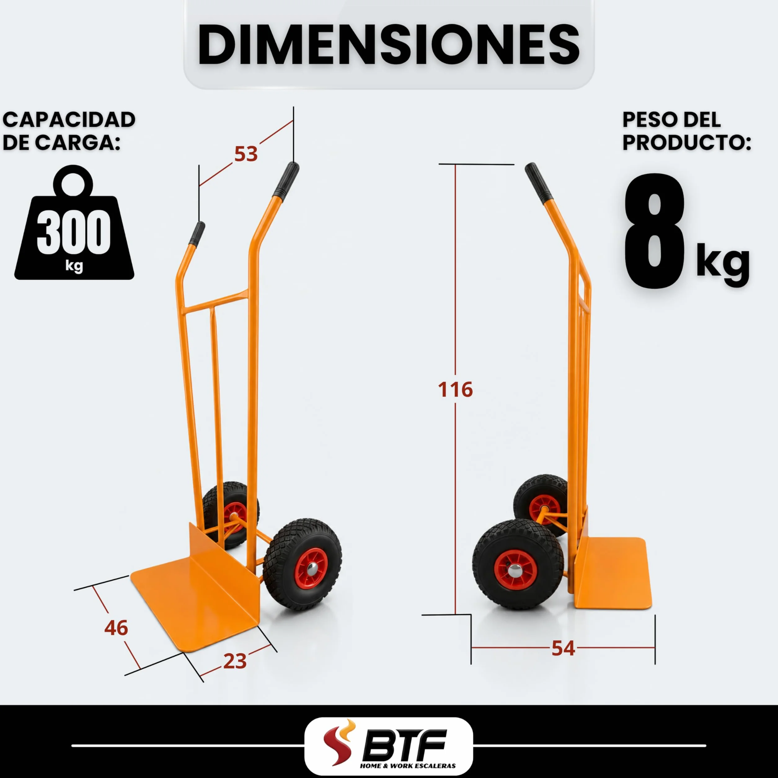BTF Carretilla de Mano Profesional 300kg Ruedas Neumáticas Carro Transporte