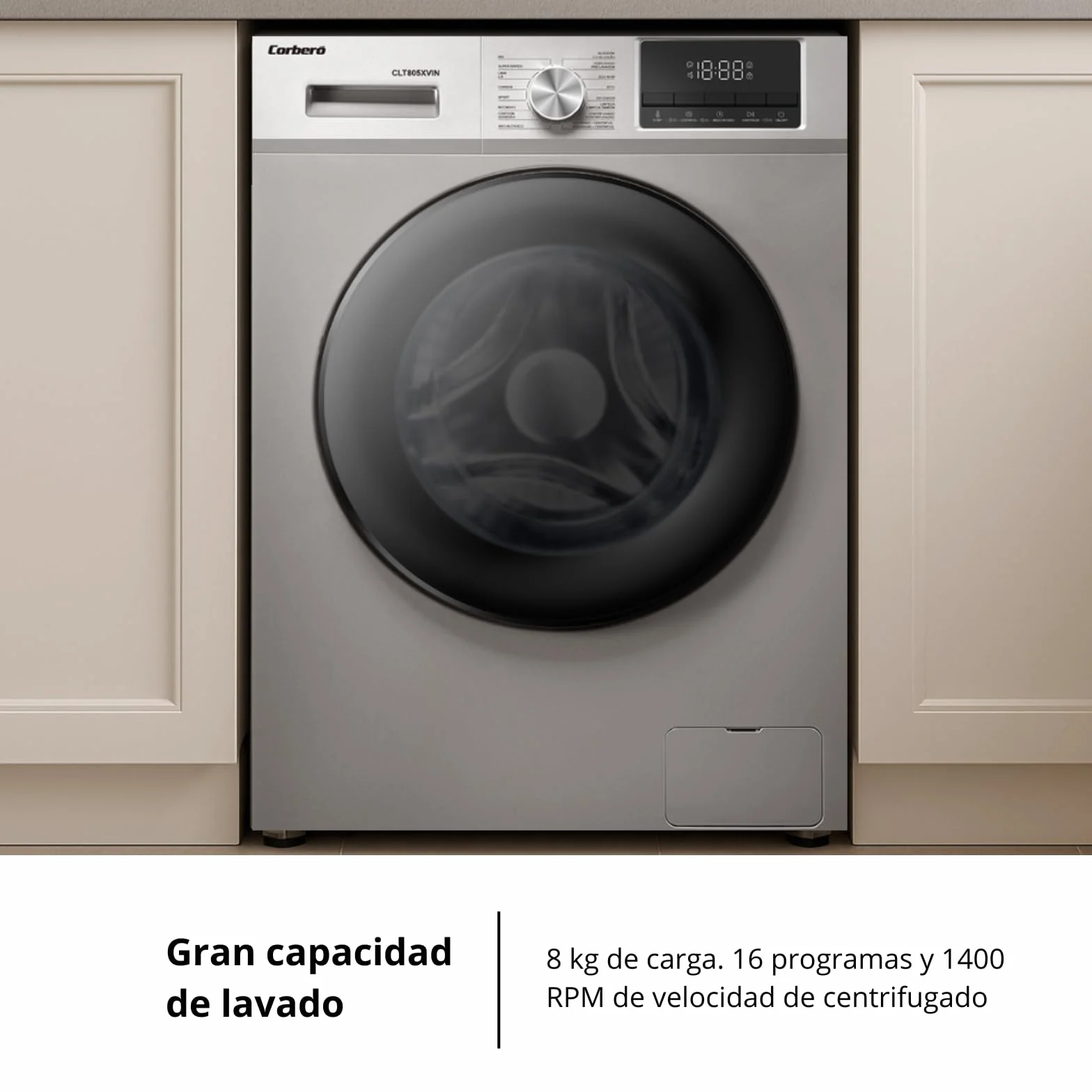 Corberó Lavadora Carga Frontal CLT805XVIN 8 Kg 1400 Rpm Inverter 16 Programas Vapor Antialérgico Inox