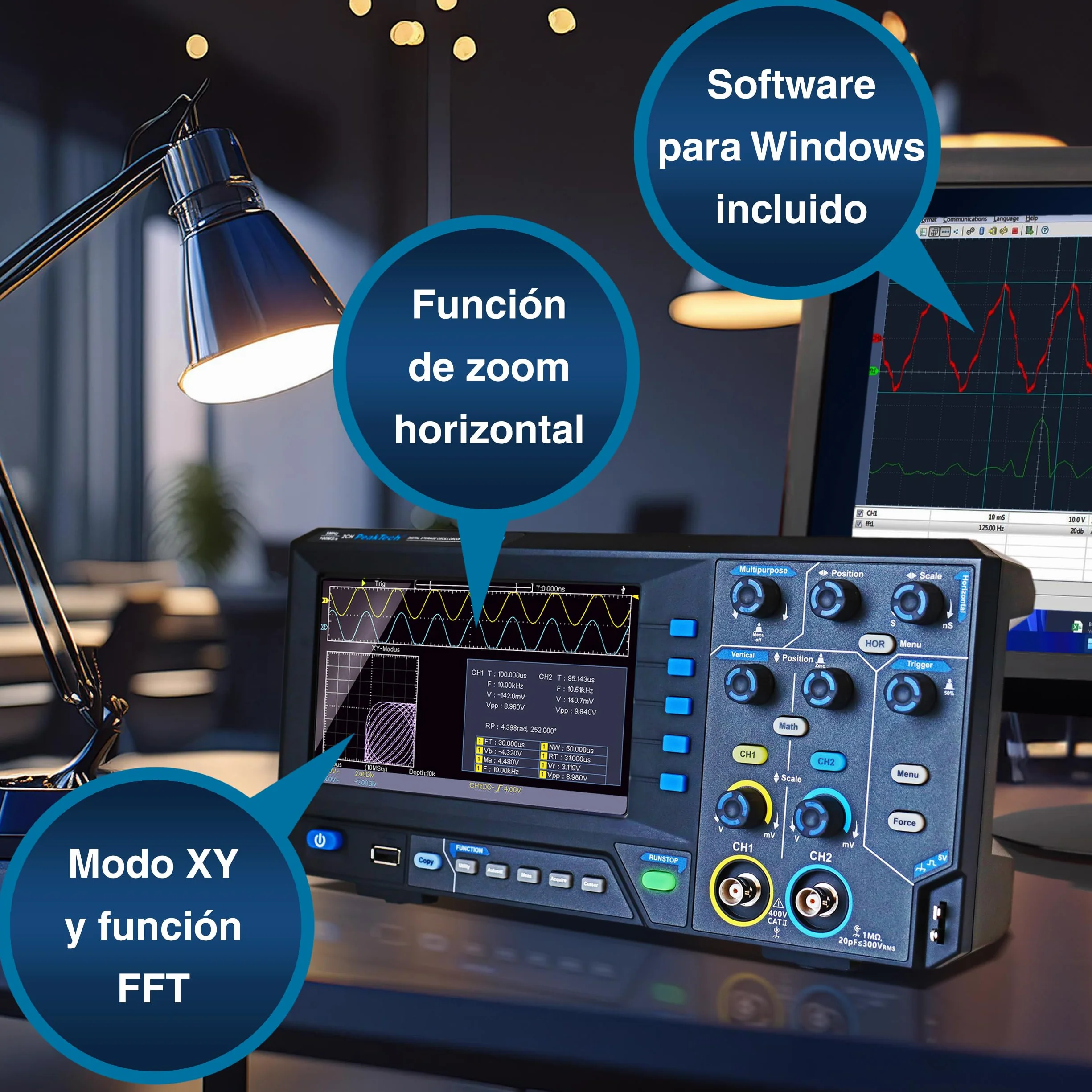 PeakTech, 1402, Osciloscopio digital de 2 canales [3 años de garantía] 20 MHz, 250MS/s, Interfaz USB, Software para PC, Osciloscopio P 1402, Negro, Osciloscopio USB, Multímetro osciloscopio