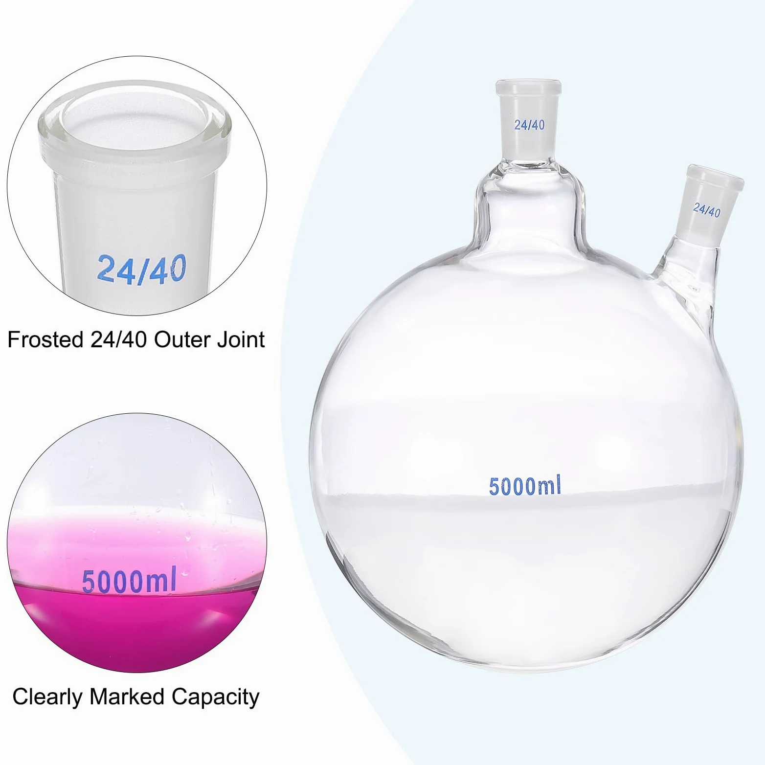 PATIKIL Termo de ebullición de 5000 ml, vidrio de borosilicato 3.3, 2 cuellos de fondo redondo, pared pesada con junta exterior cónica estándar 24/40 para laboratorio, transparente