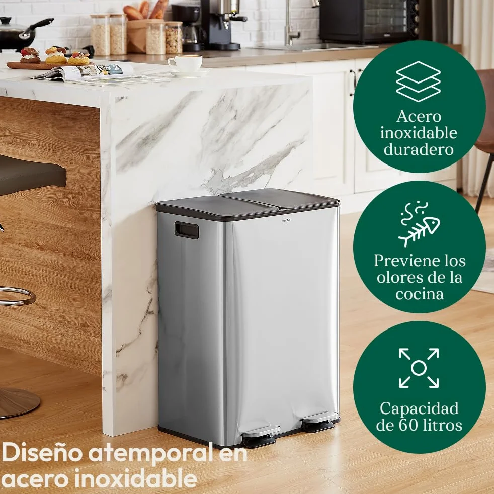 CASABEL Cubo de basura de cocina doble 2x30L en acero inoxidable, cromado | Doble compartimento, Reciclaje selectivo, 2 pedales, Antihuellas, Tapas herméticas, Cubos extraíbles, Fácil mantenimiento