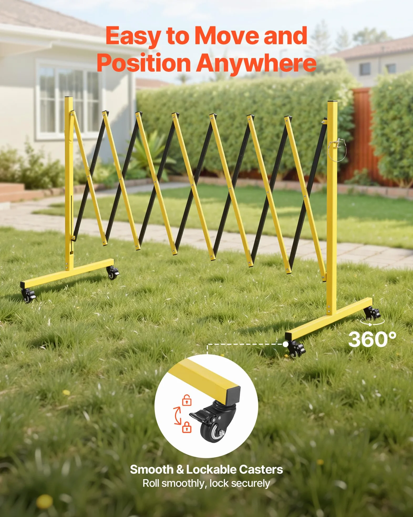 VEVOR Barricada Extensible de 3,82 m, Barrera de Seguridad Plegable con Ruedas y Frenos, Valla Metálica Portátil, Aluminio, para Uso Industrial Construcción Control de Espacios, Color Negro Amarillo