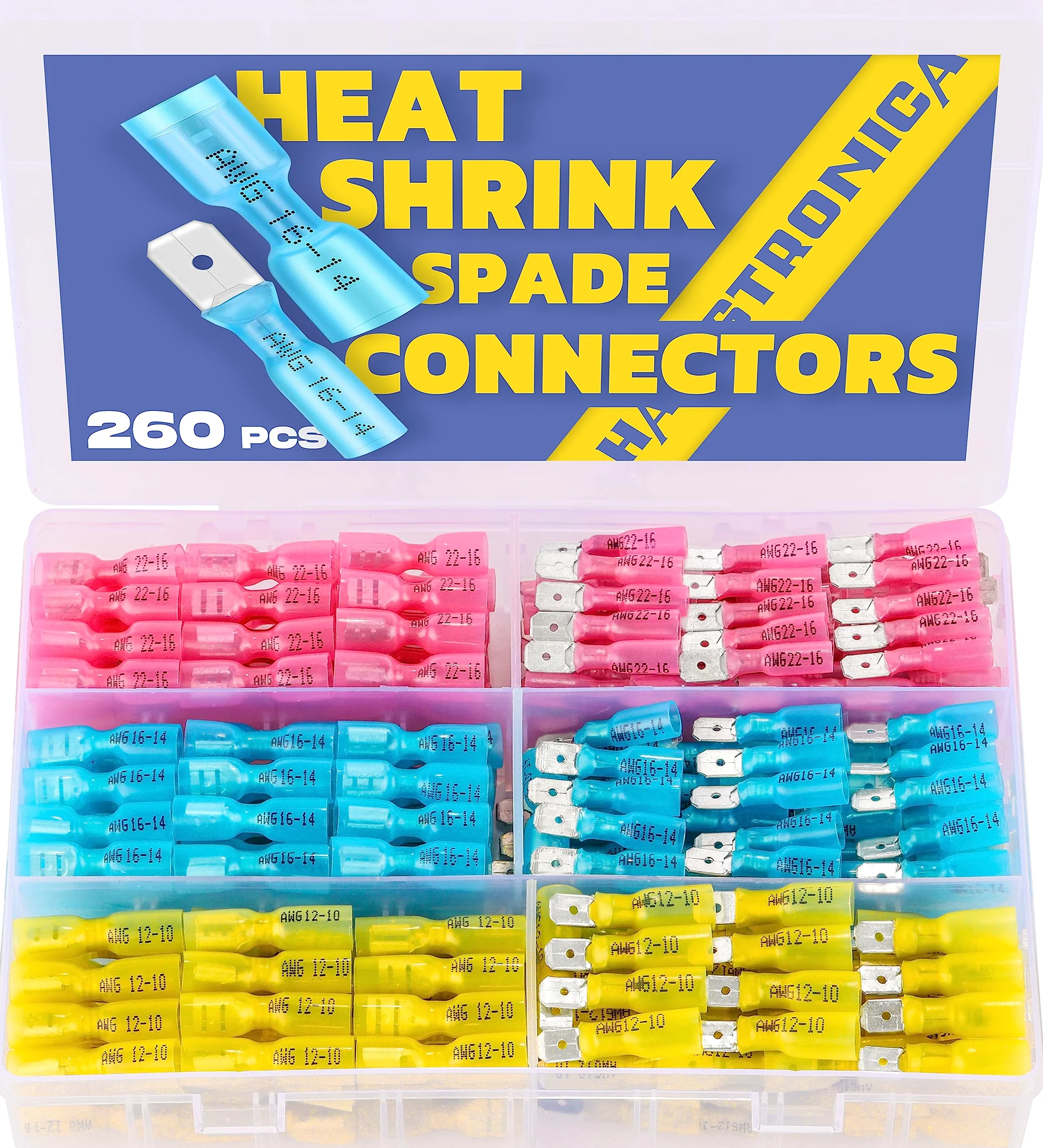 Conectores de horquilla termorretráctiles de 260 piezas de haisstronica, conectores de cables eléctricos, conectores de desconexión rápida, terminales de horquilla hembra y macho