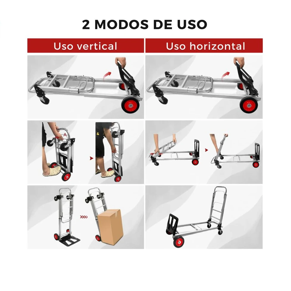 Patuk-Shop Carretilla de Mano Plegable de Aluminio Carro de Mano 2 en 1 Carretilla de Transporte Plegable con Plataforma Carga de 181 kg Ruedas de Goma para Transporte de Mercancías de Almacén