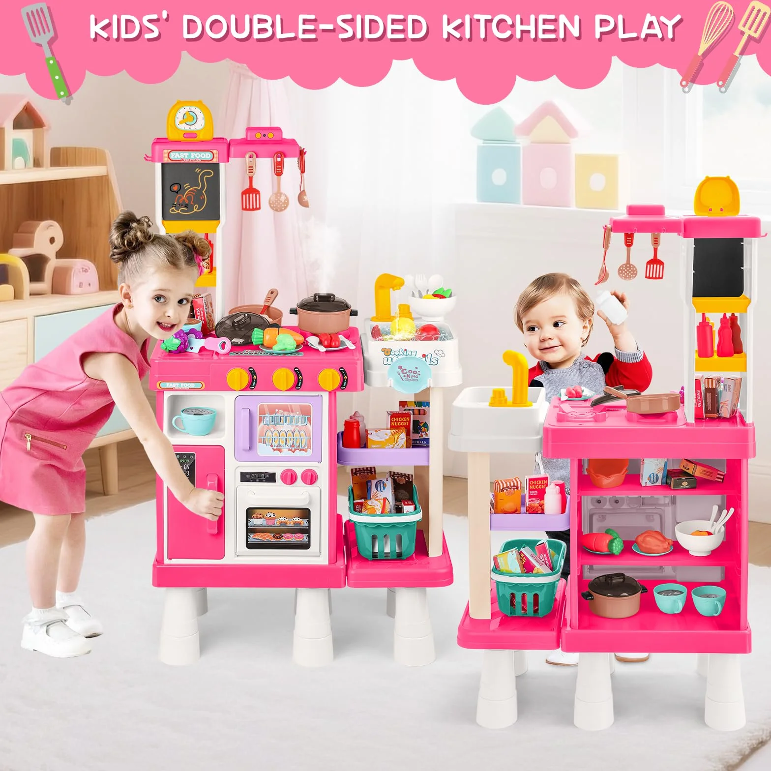 deAO Cocina de Juguete Infantil 54PCS con Utensilios, Estufa, Fregadero, Sonido y Luz, Tres Alturas Ajustables Rosa