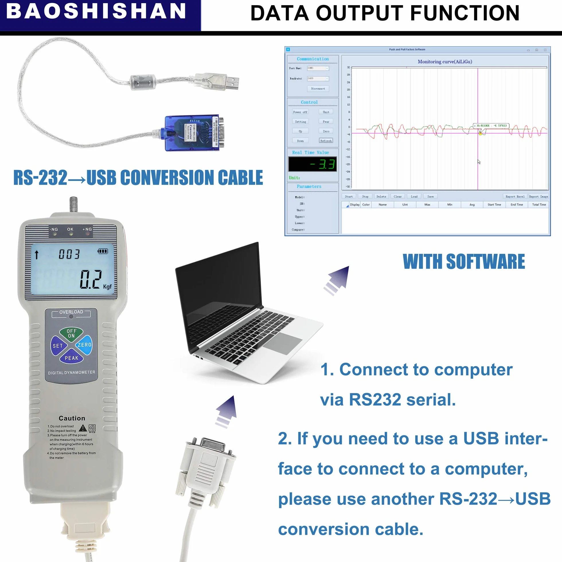 BAOSHISHAN Medidor de Fuerza Digital Indicador de Fuerza 50N/11Lbf (Kgf/Lbf/N) Dinamómetro Embuje y Tracción Interfaz USB RS232 para Fuerza de Laboratorio Prueba Destructiva