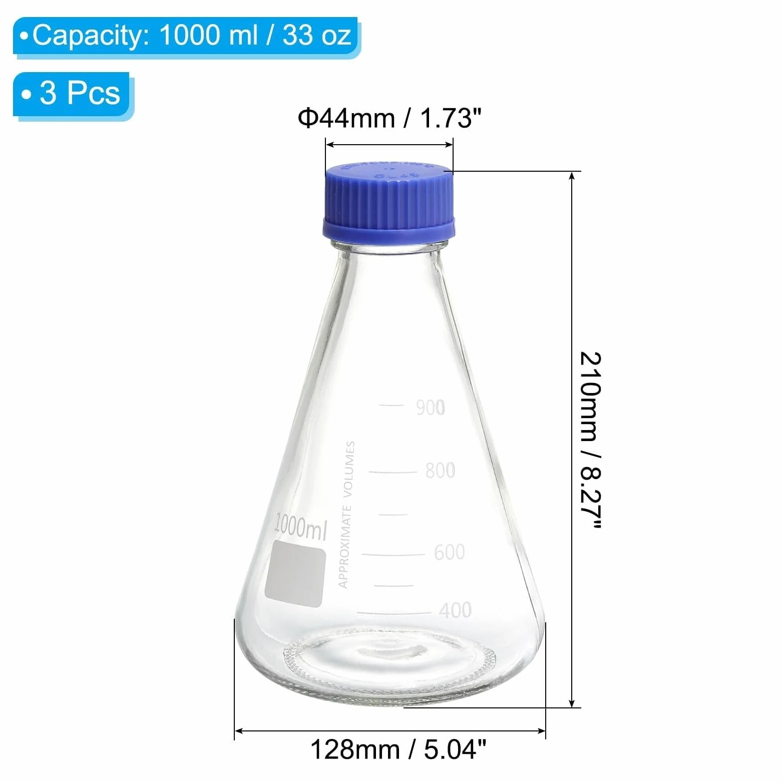 Matraz Erlenmeyer, 1000ml - Vidrio Borosilicato, Graduado, Boca Estrecha con Tapón Roscado para Laboratorio(CC,1000ml/33.8oz)
