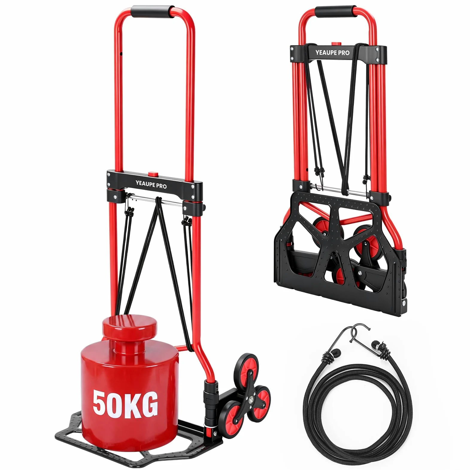 YEAUPE PRO Carretilla de Mano Plegable Escaleras 50 kg Rojo | Ruedas TPR grandes, mango telescópico regulable y 2 cuerdas incluidas para subir escaleras, mudanzas y transporte