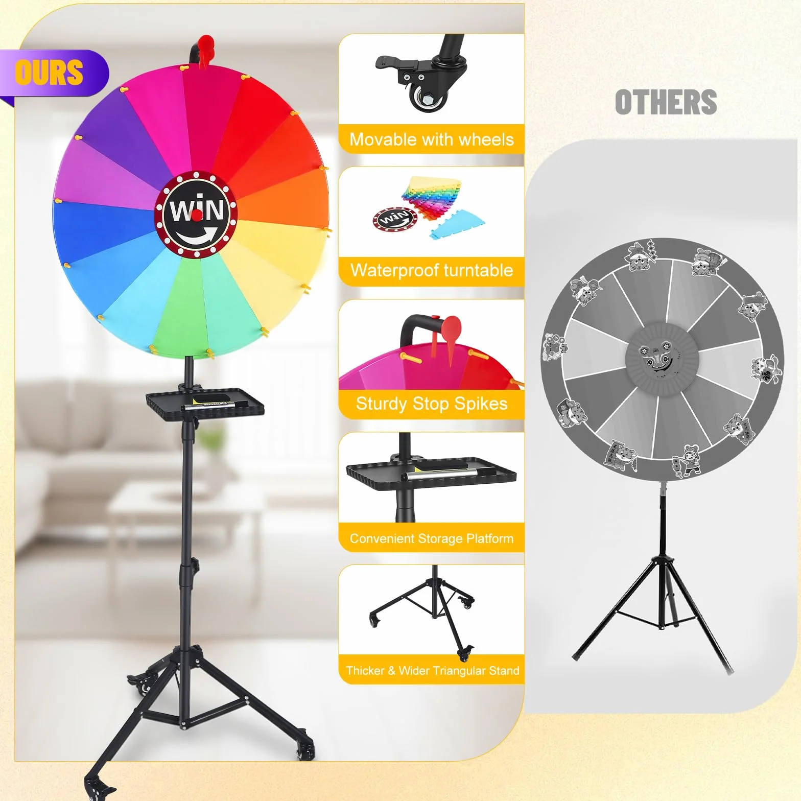 Rueda de la fortuna 60 cm con soporte 165 cm, 14 ranuras coloridas, ruleta de premios para carnaval