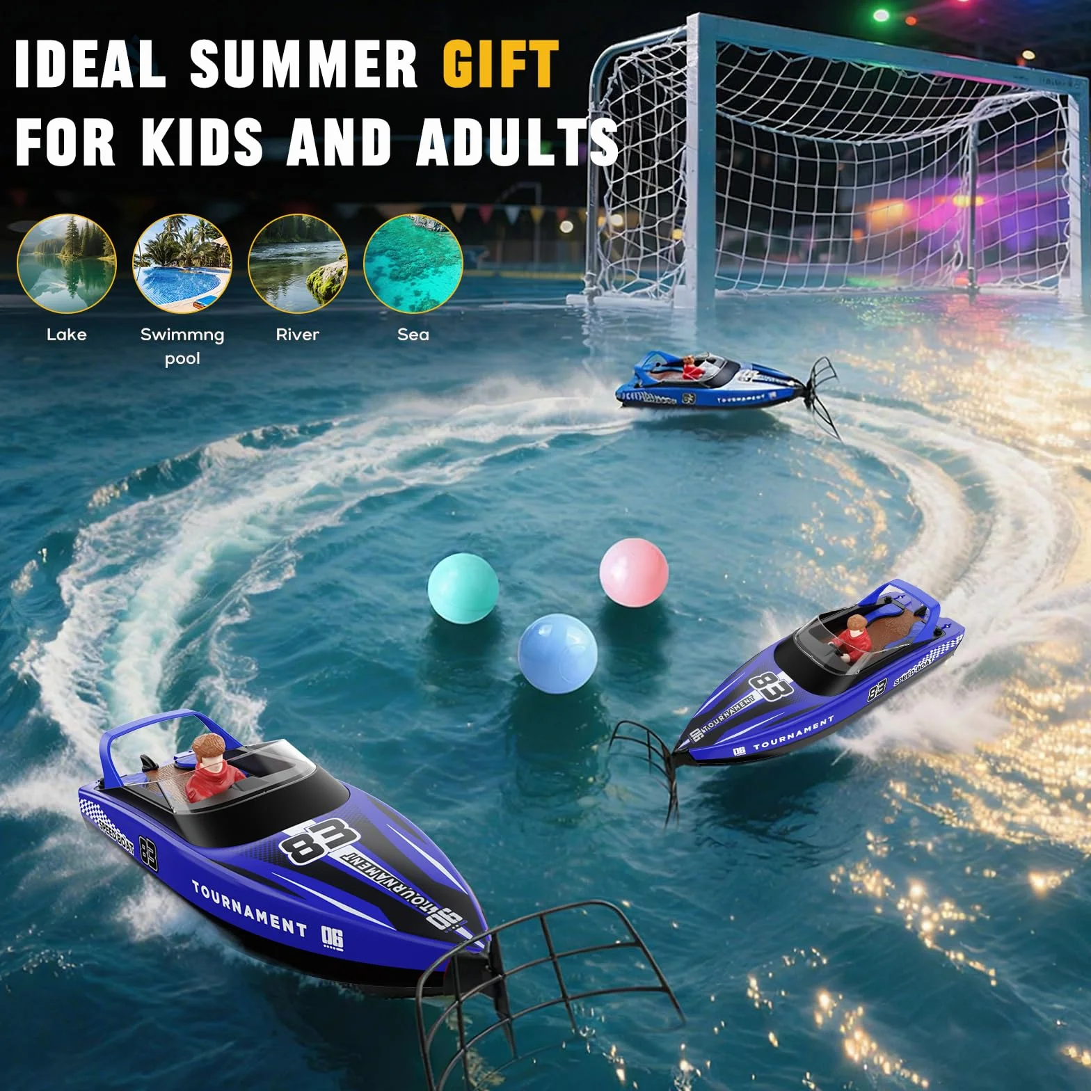 Barco Teledirigido RC con Bola Flotante y Luz LED 15 KM/H 2,4 GHz Barcos de Carreras Rápido para Niños Juguete de Piscina