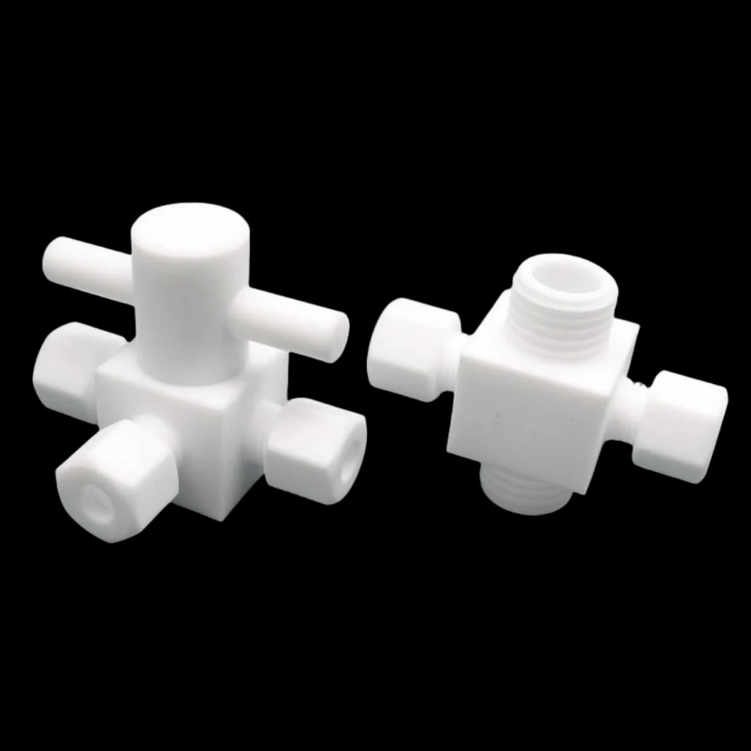 Válvula de bola de 3 vías de PTFE: T duradera de conversión horizontal de PEFT for control de fluidos(3-3-3mm)