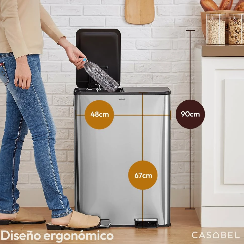 CASABEL Cubo de basura de cocina doble 2x30L en acero inoxidable, cromado | Doble compartimento, Reciclaje selectivo, 2 pedales, Antihuellas, Tapas herméticas, Cubos extraíbles, Fácil mantenimiento