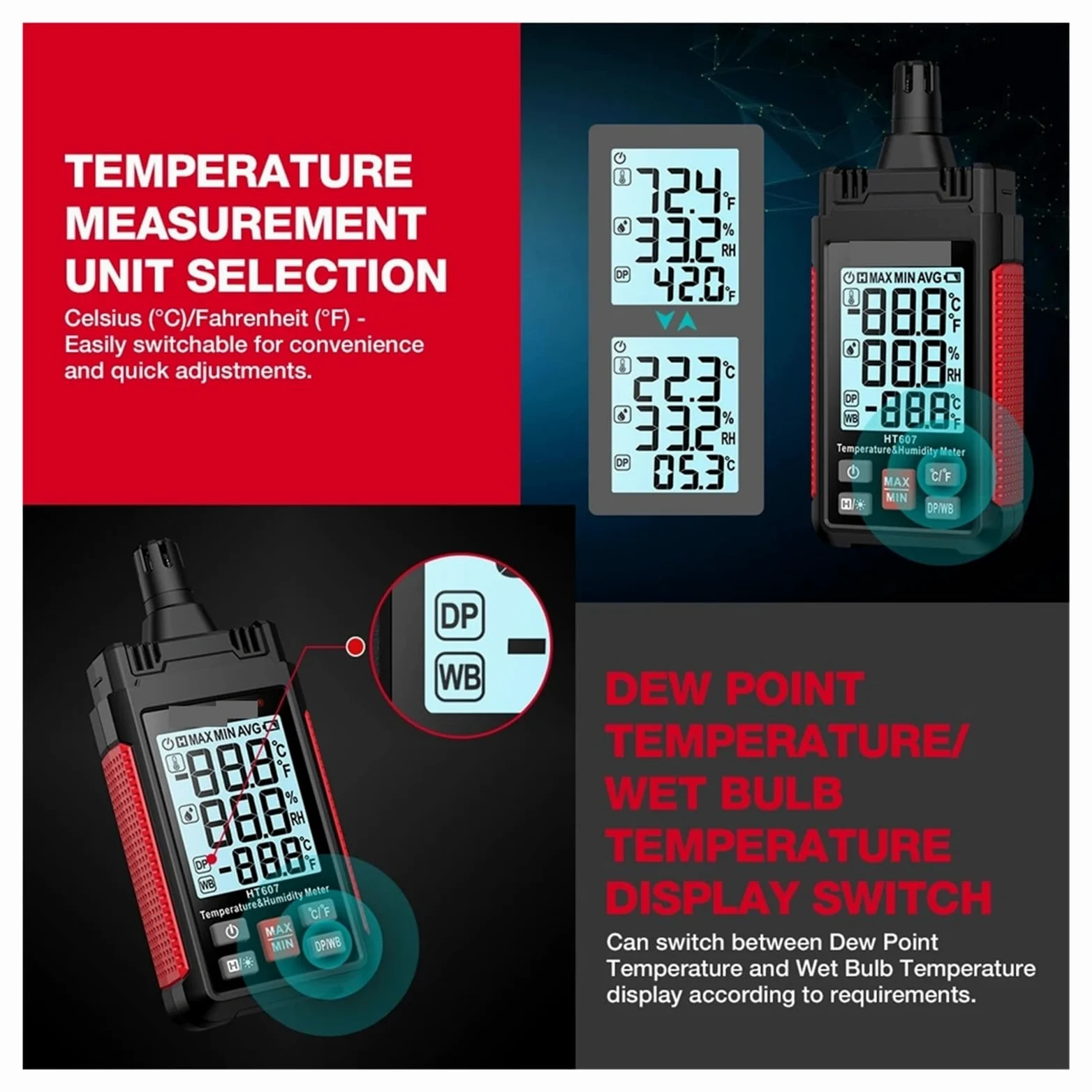 Medidor digital de temperatura y humedad HT607: termohigrómetro preciso for uso en laboratorio y granja