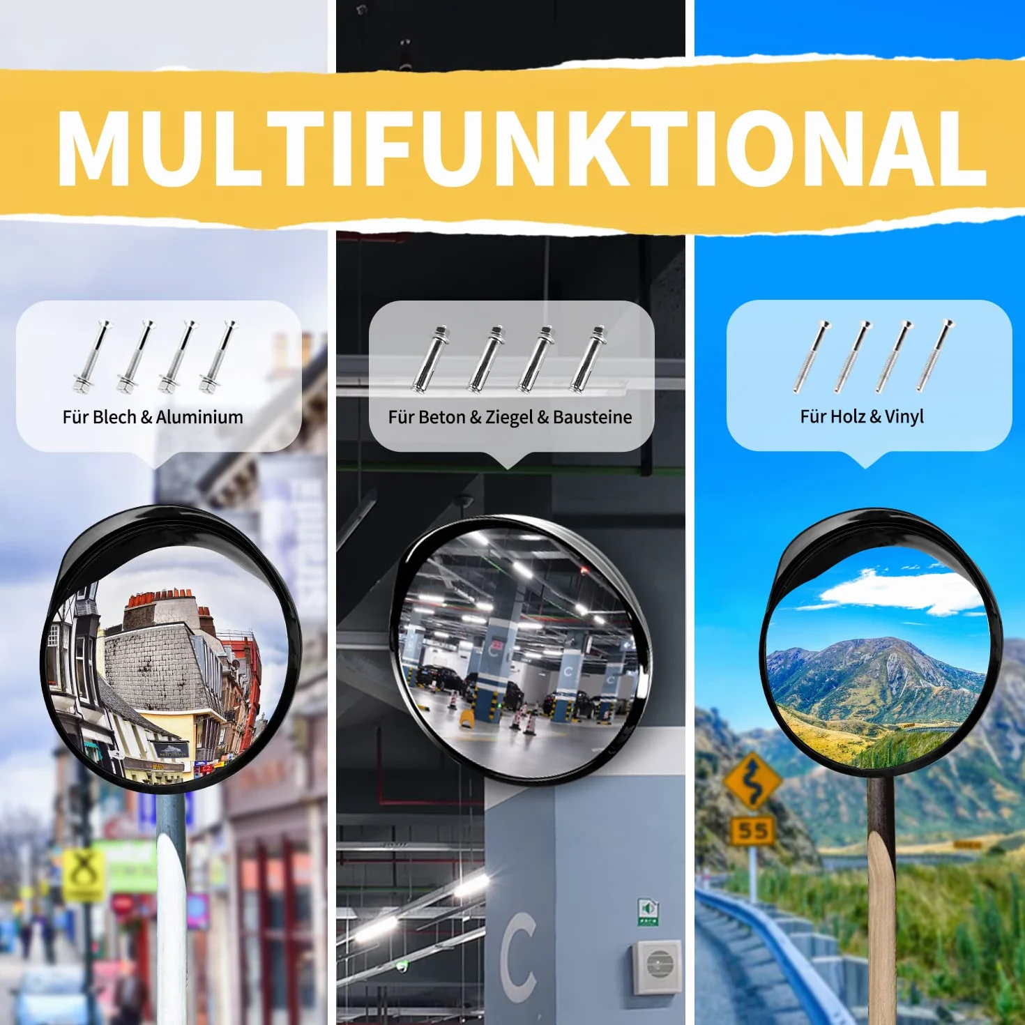 Espejo de seguridad convexo, espejo de gran angular curvado para garajes, pasillos y estacionamientos, elimina los puntos ciegos con soporte de pared totalmente ajustable, cristal acrílico