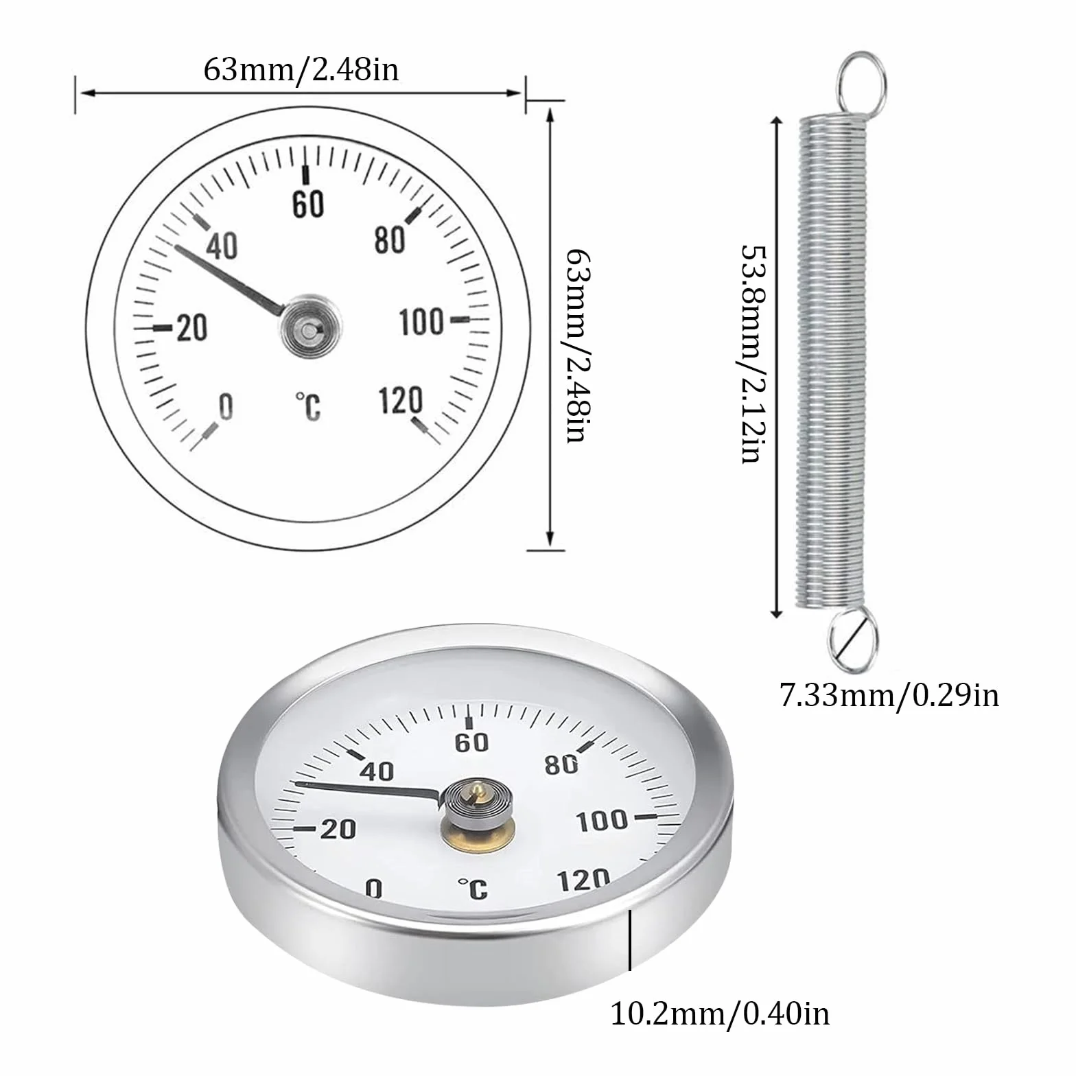 Termómetro de Tubo de Agua Caliente Clip, 0-120℃ Clip On, 63mm Indicador de Temperatura para Tubos