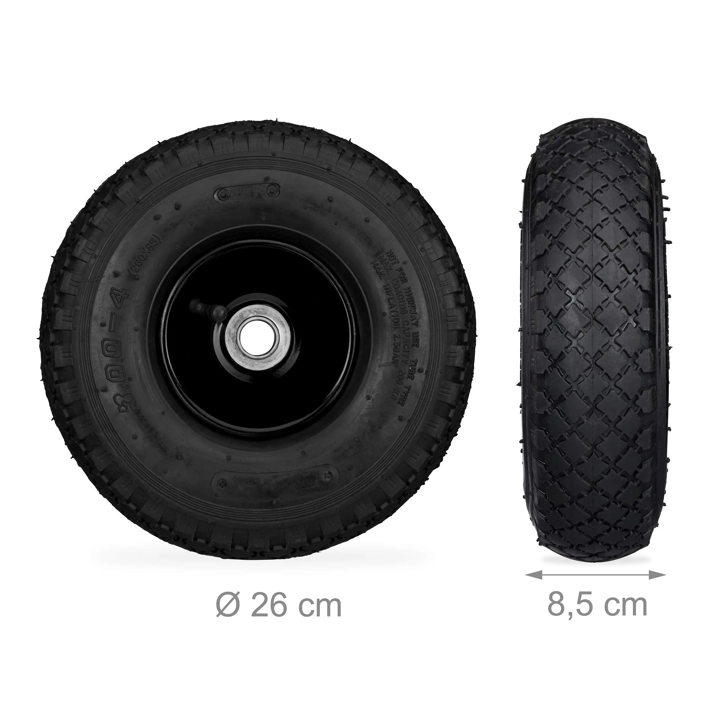 Relaxdays Juego de 8 Ruedas de Carretilla, 3.00-4, hasta 100kg, Llanta de Acero, 260 x 85 mm, Negro