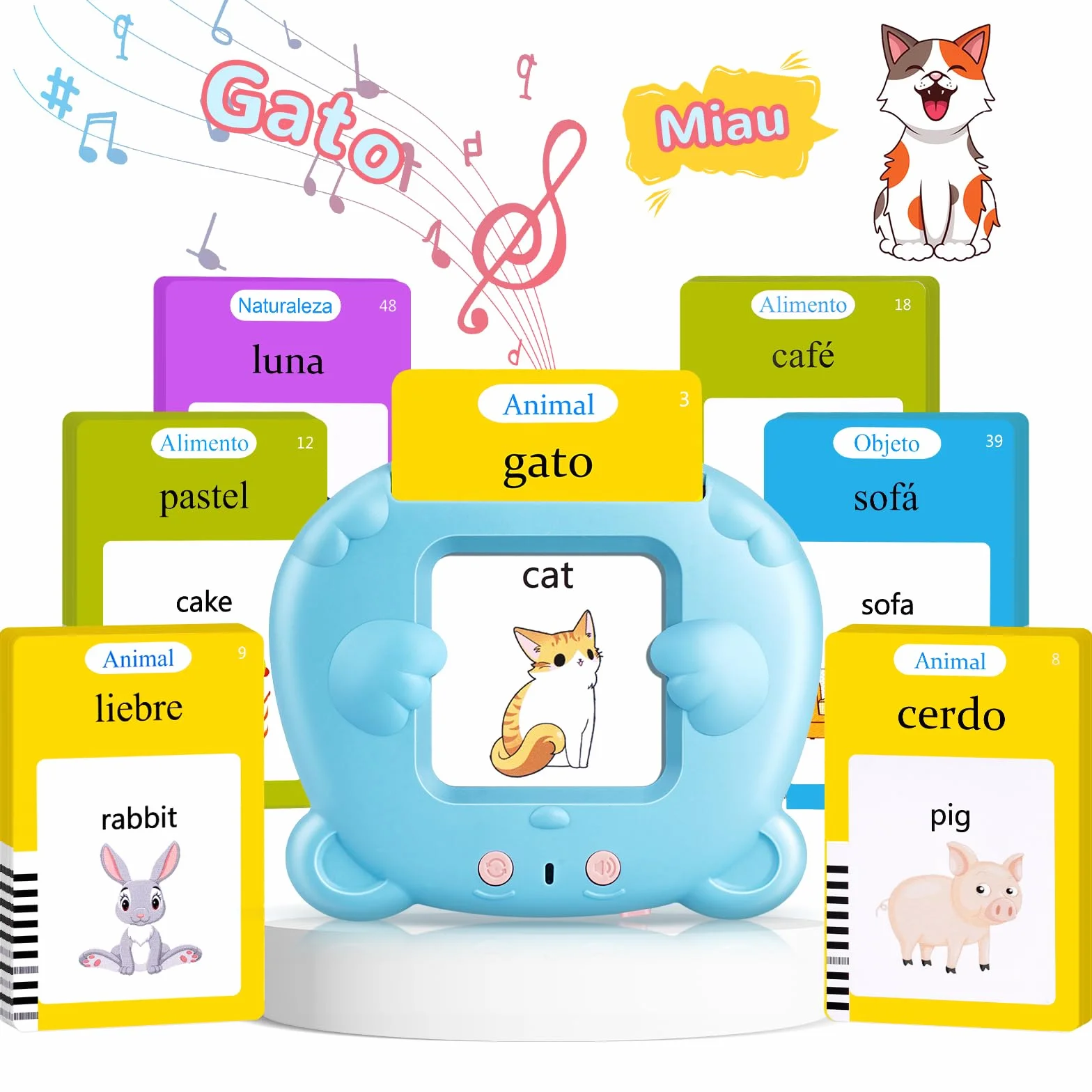 AHJ Tarjetas Flash Parlantes Español 112 Hojas 224 Palabras Juguete Montessori 3 Modo Idioma Español Inglés Bilingüe Azul