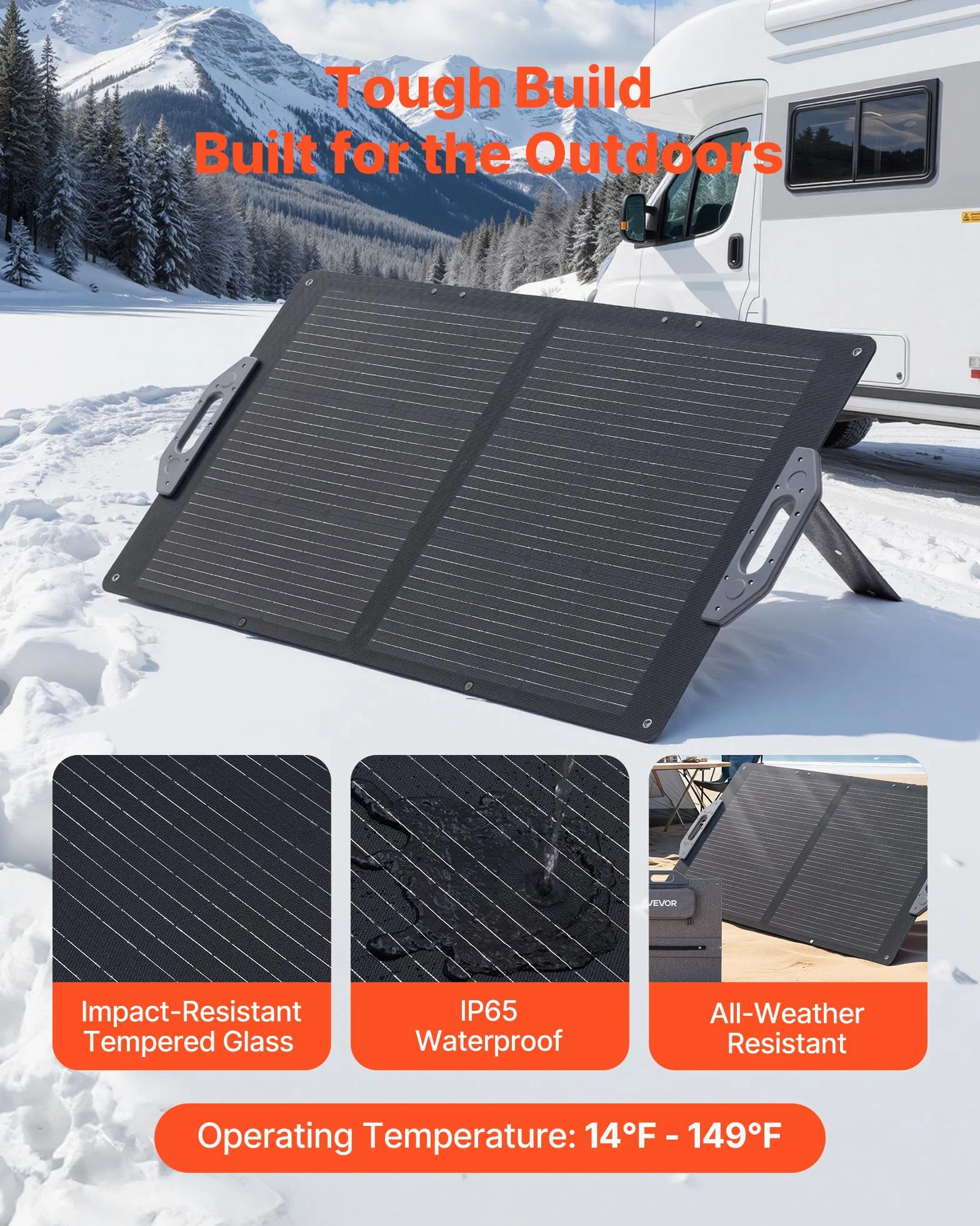 VEVOR Placa Solar Plegable 100W, Panel Solar Monocristalino Portátil con Puertos USB MC4 DC, Alta Eficiencia 24%, IP65 Impermeable, Compatible con Estaciones de Energía Acampadas Autocaravanas Viajes