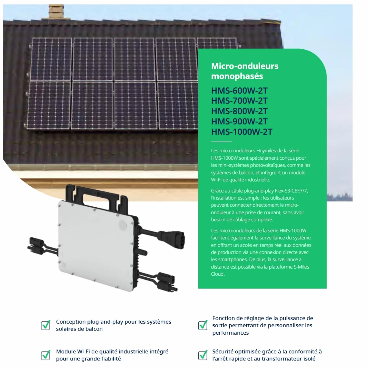 Hoymiles HMS-1000W-2T Microinversor 1000W - Doble MPPT - WiFi & Bluetooth - Impermeable IP67 - para 2 paneles solares hasta 670 WC