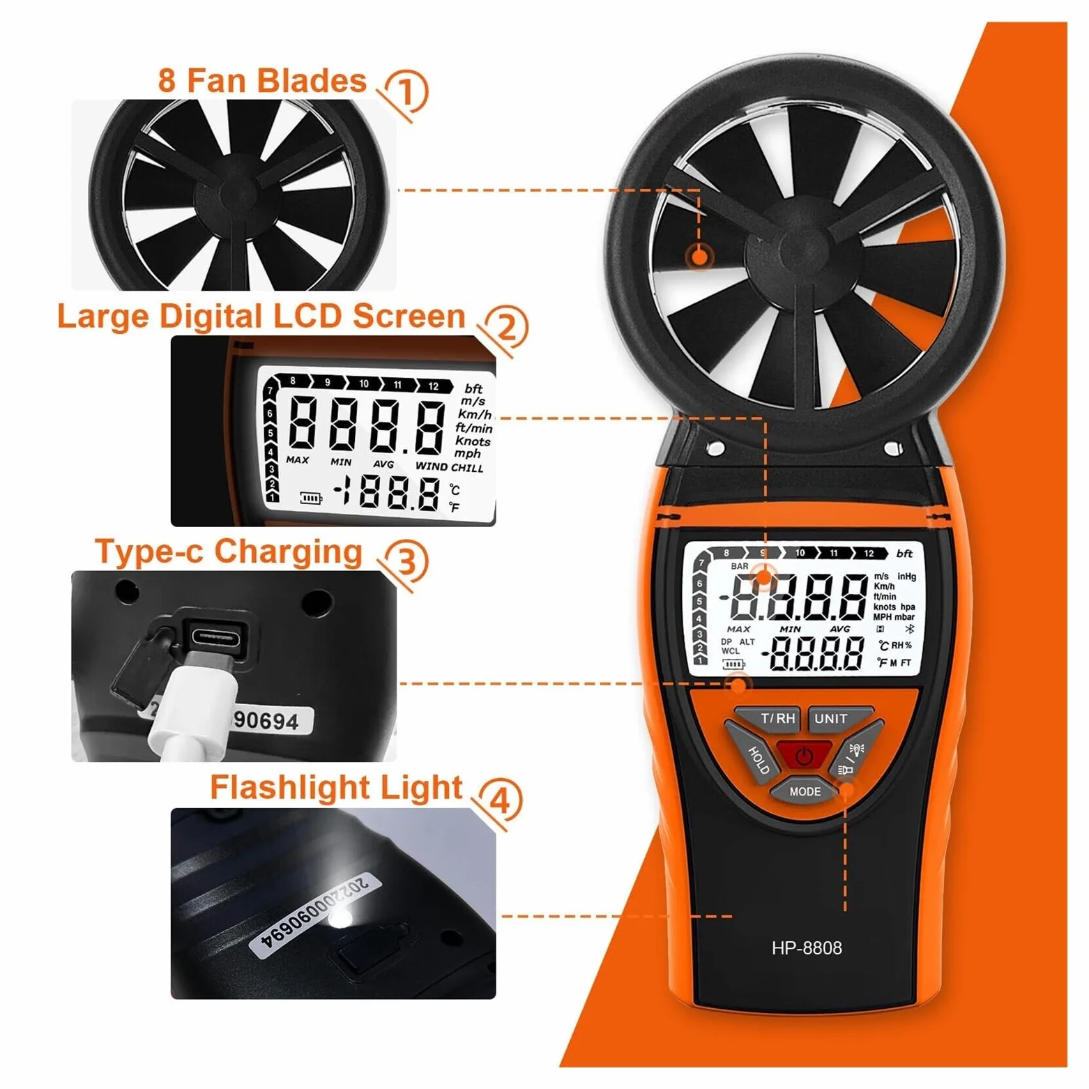 Anemómetro anemómetro, alta precisión, tacómetro profesional, RPM Digital, medidor de velocidad del aire, recargable